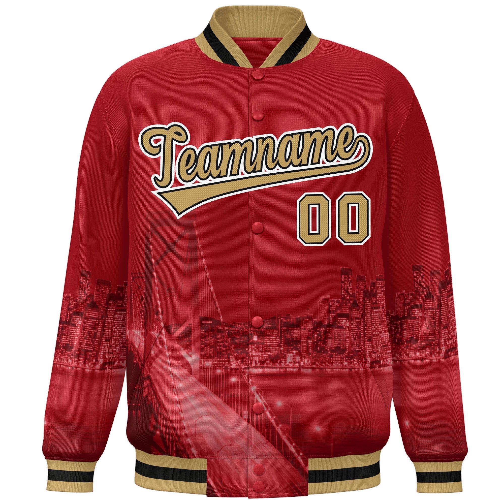 Custom Red Old Gold-White San Francisco City Connect Track Varsity Full-Snap Jacket