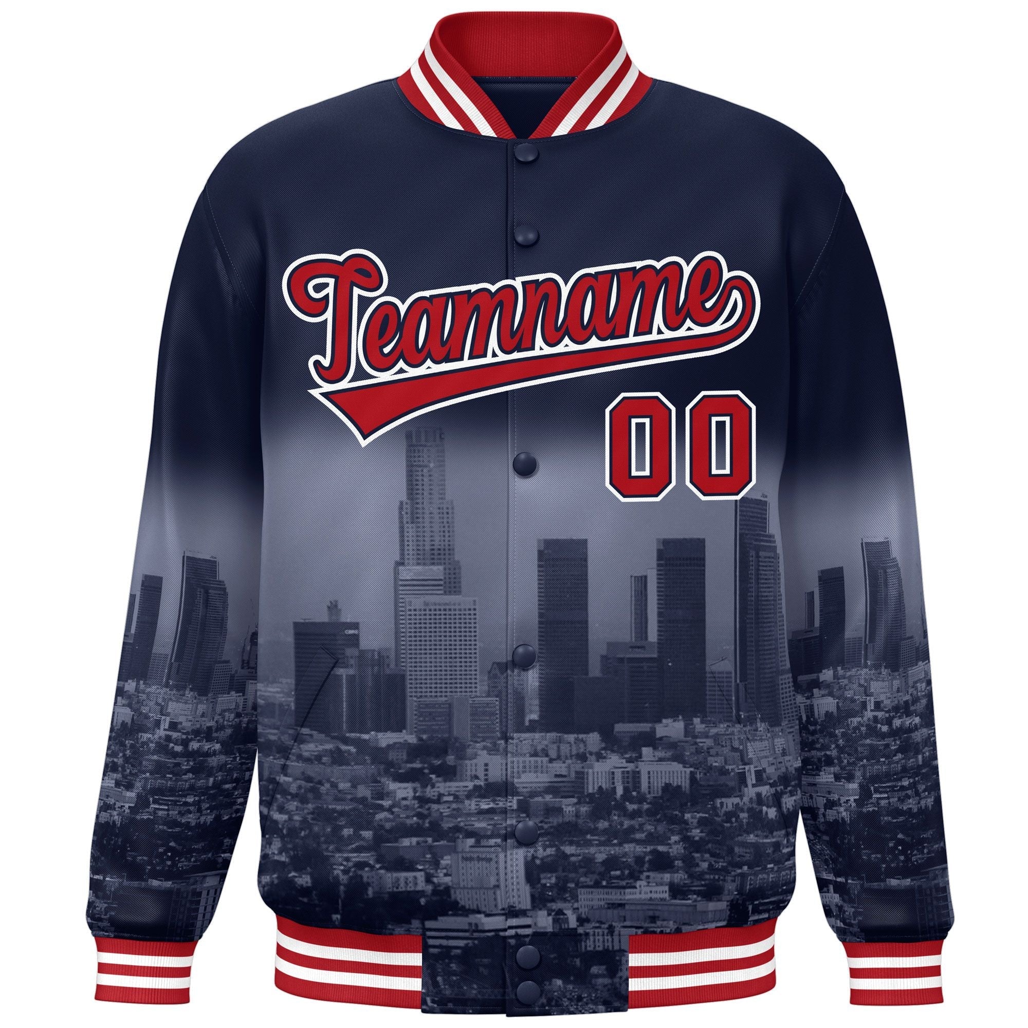 Custom Navy Red-White Los Angeles City Connect Track Varsity Full-Snap Jacket