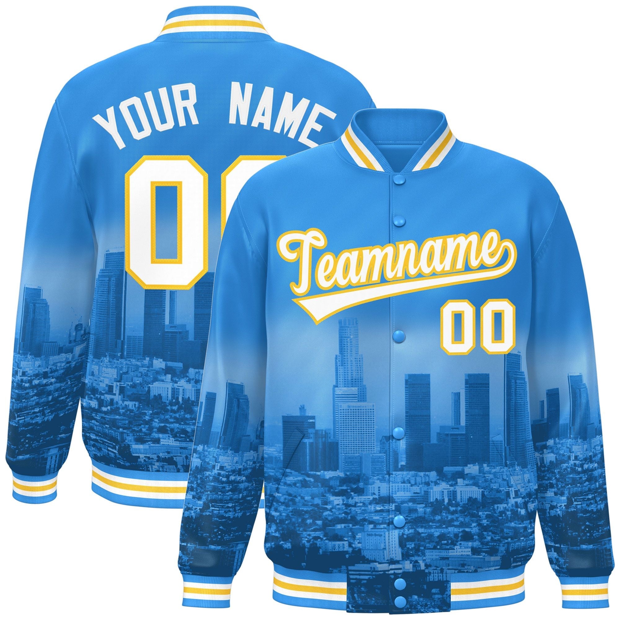 Custom Powder Blue White-Gold Los Angeles City Connect Track Varsity Full-Snap Jacket