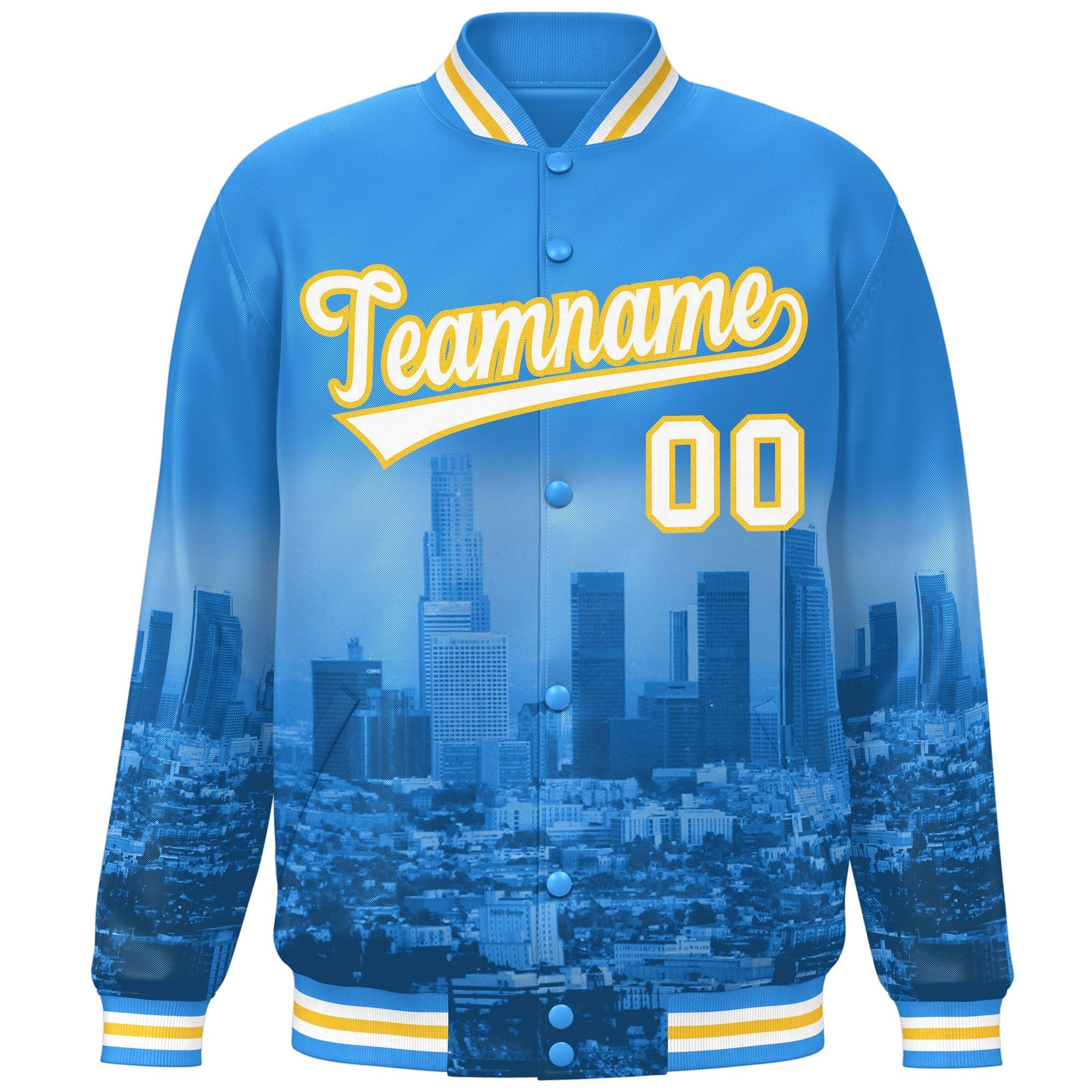 Custom Powder Blue White-Gold Los Angeles City Connect Track Varsity Full-Snap Jacket