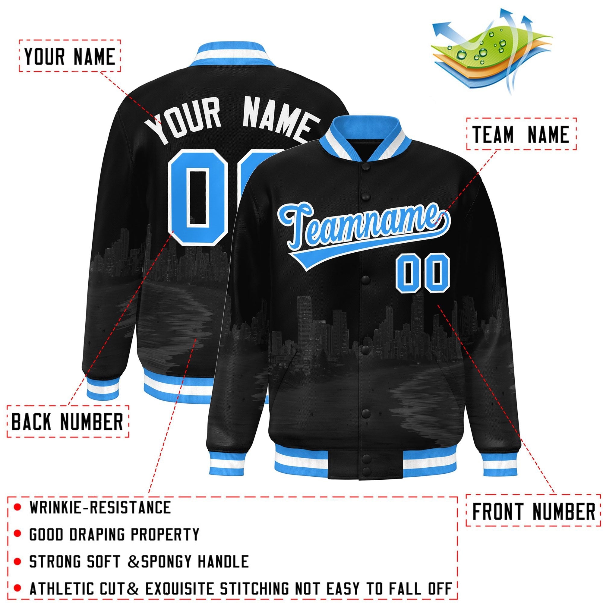 Custom Black Powder Blue-White Miami City Connect Track Varsity Full-Snap Jacket