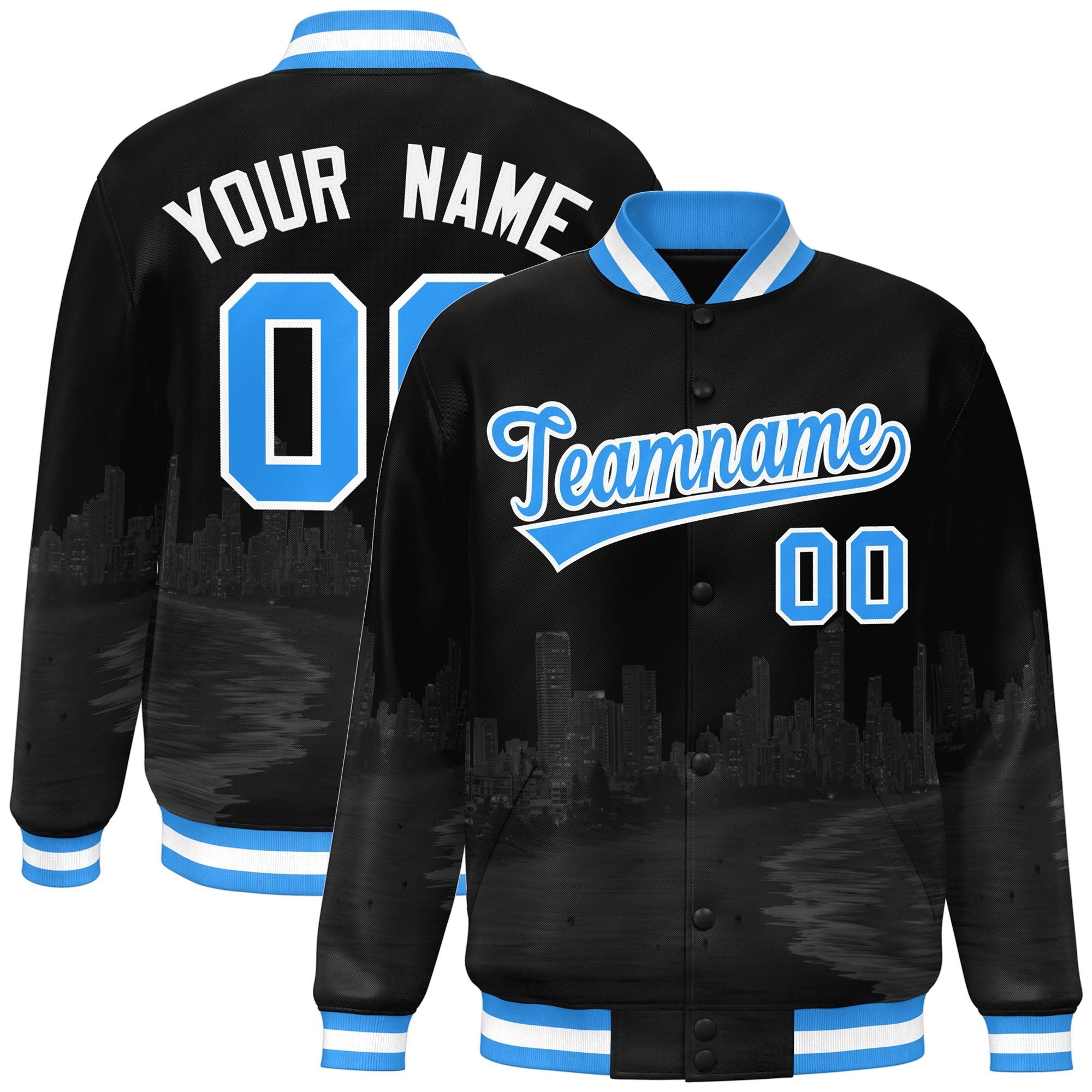 Custom Black Powder Blue-White Miami City Connect Track Varsity Full-Snap Jacket