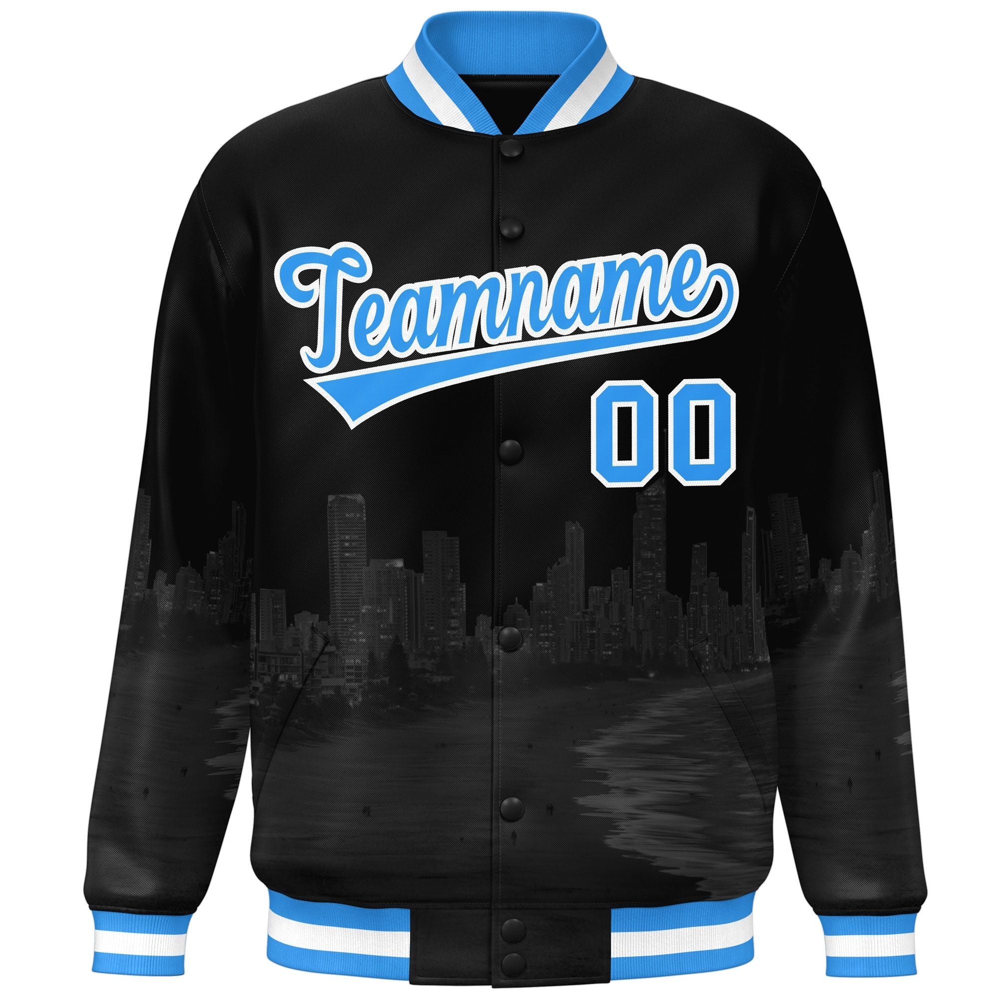 Custom Black Powder Blue-White Miami City Connect Track Varsity Full-Snap Jacket