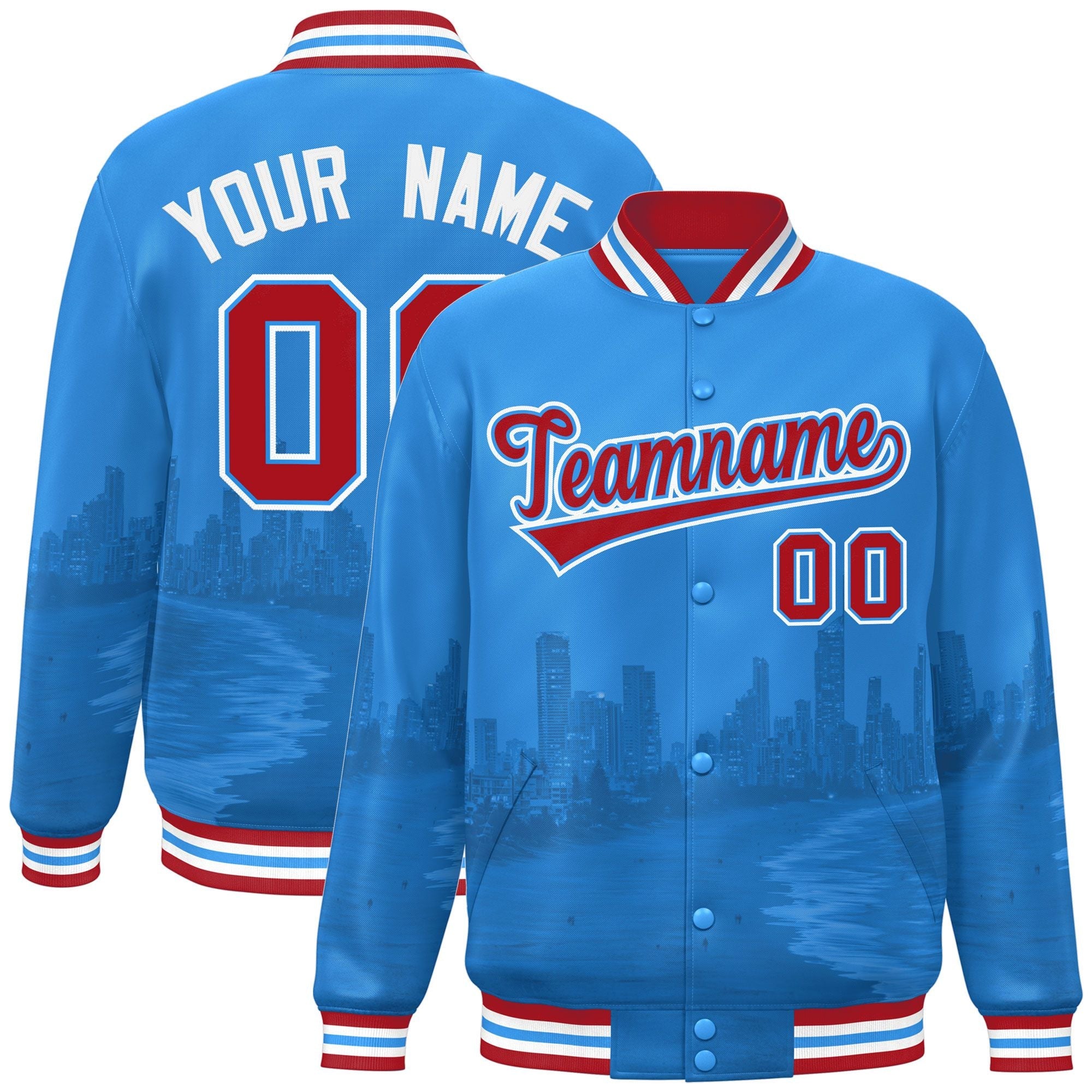 Custom Powder Blue Red-White Miami City Connect Track Varsity Full-Snap Jacket