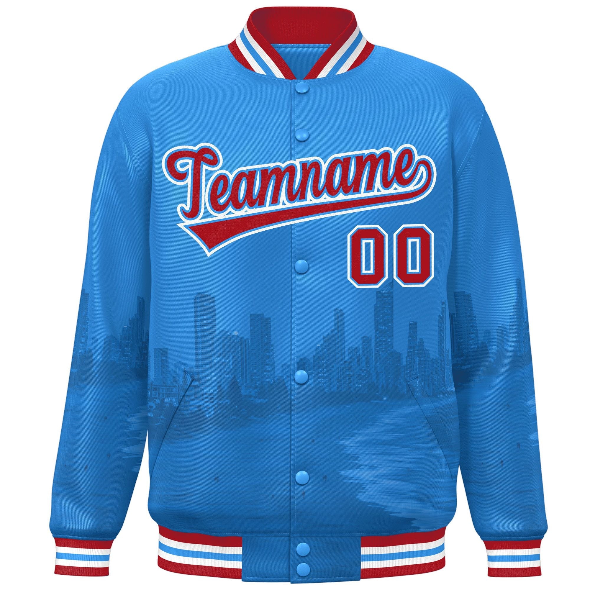 Custom Powder Blue Red-White Miami City Connect Track Varsity Full-Snap Jacket