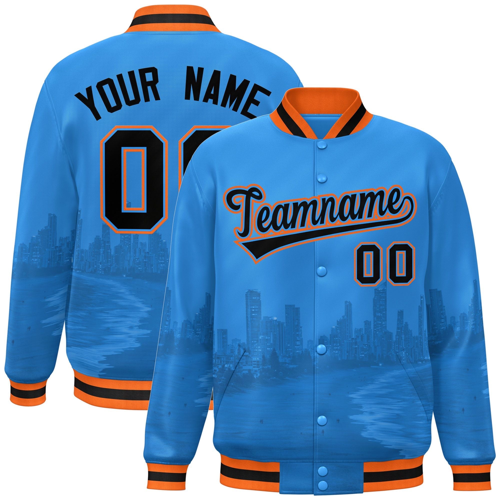 Custom Powder Blue Black-Orange Miami City Connect Track Varsity Full-Snap Jacket