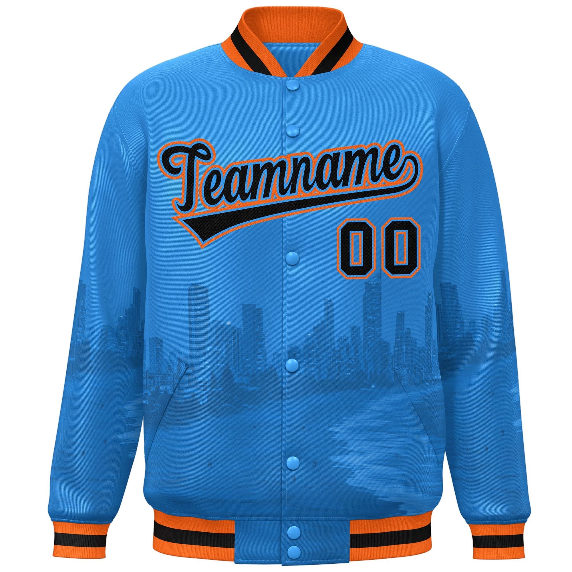 Custom Powder Blue Black-Orange Miami City Connect Track Varsity Full-Snap Jacket