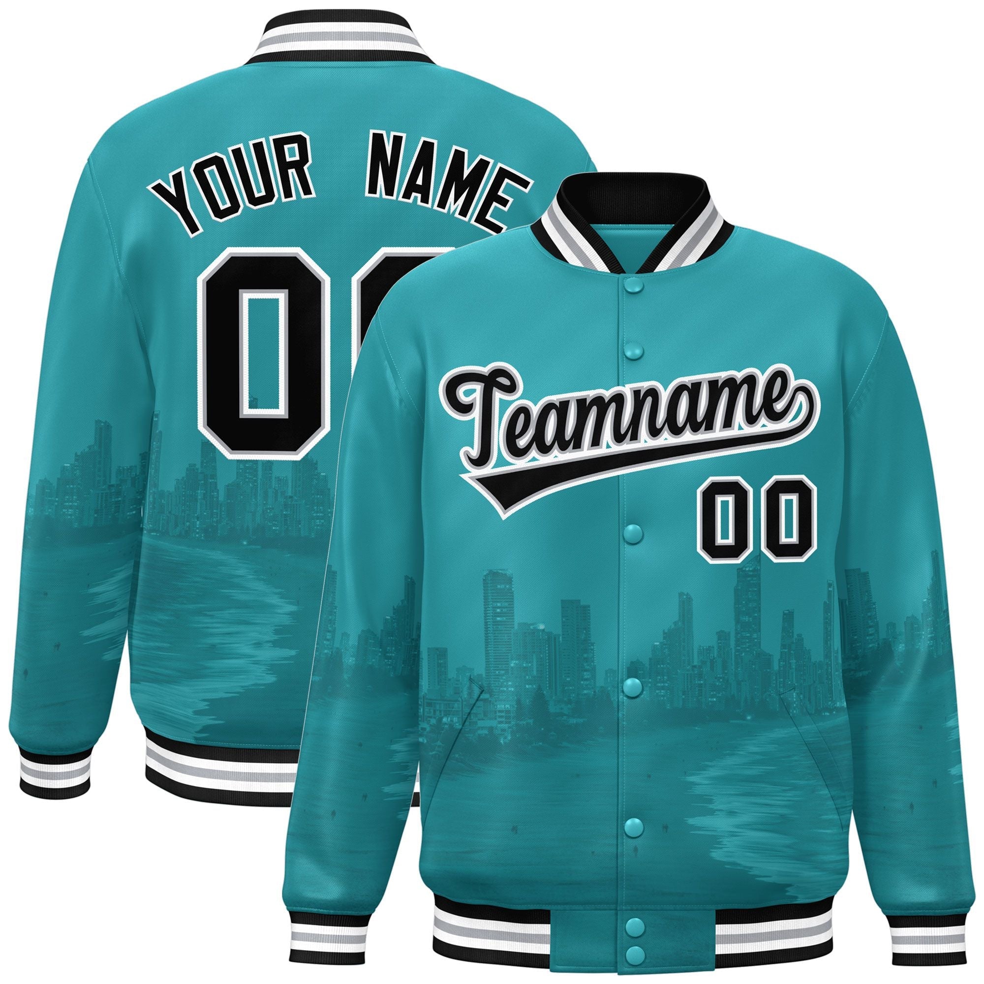 Custom Aqua Black-White Miami City Connect Track Varsity Full-Snap Jacket