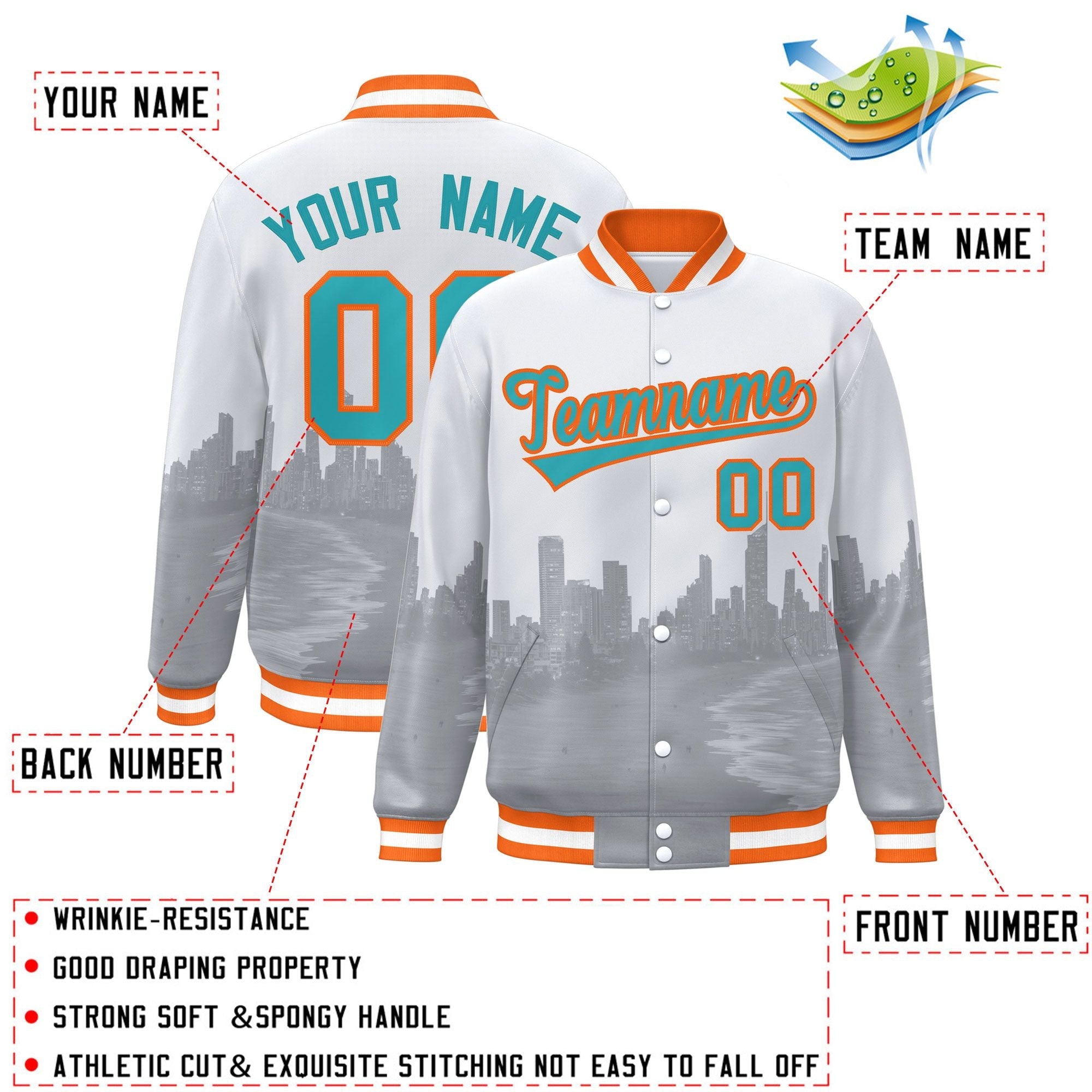 Custom White Aqua-Orange Miami City Connect Track Varsity Full-Snap Jacket