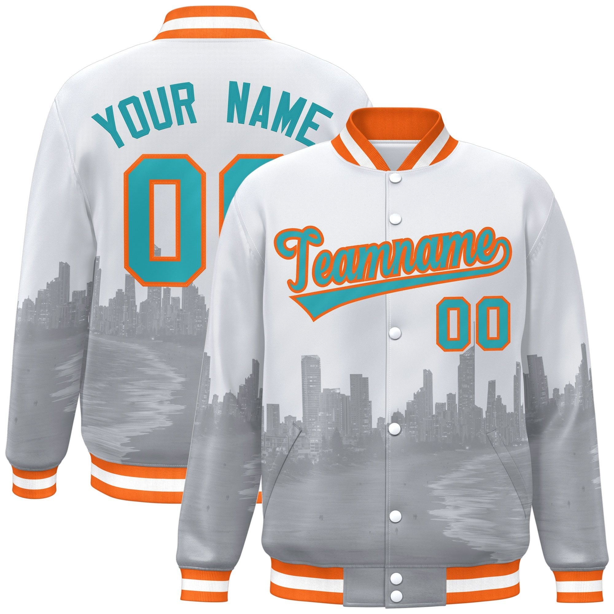 Custom White Aqua-Orange Miami City Connect Track Varsity Full-Snap Jacket