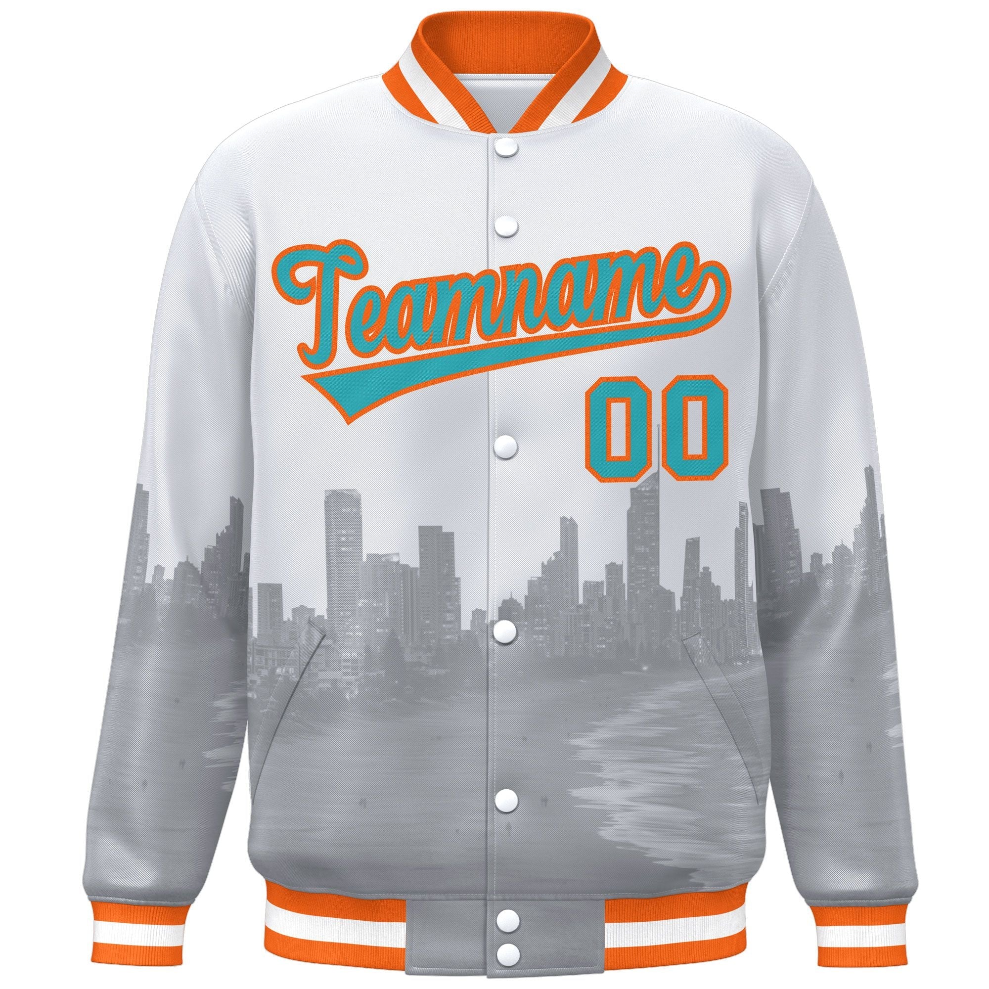 Custom White Aqua-Orange Miami City Connect Track Varsity Full-Snap Jacket