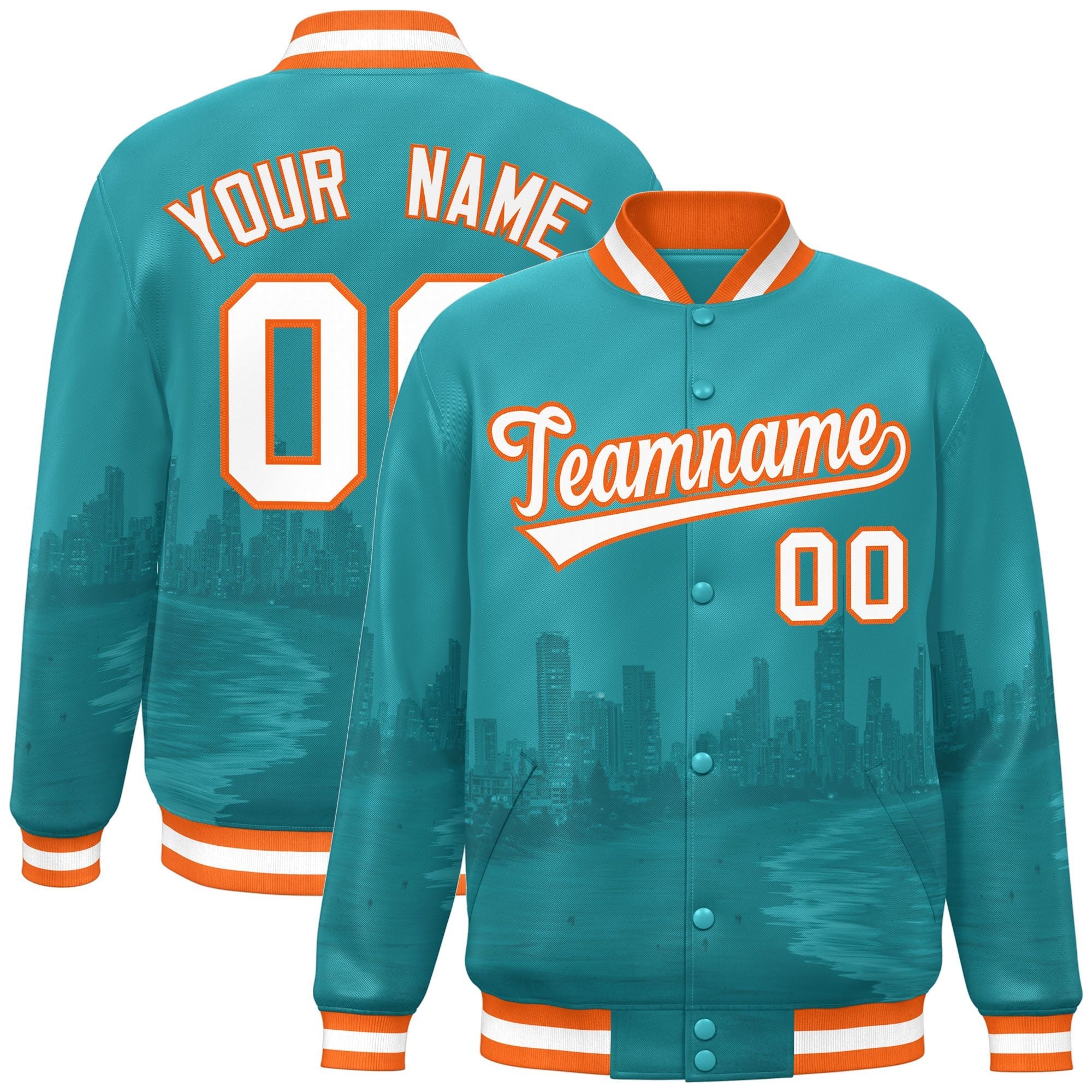 Custom Aqua White-Orange Miami City Connect Track Varsity Full-Snap Jacket