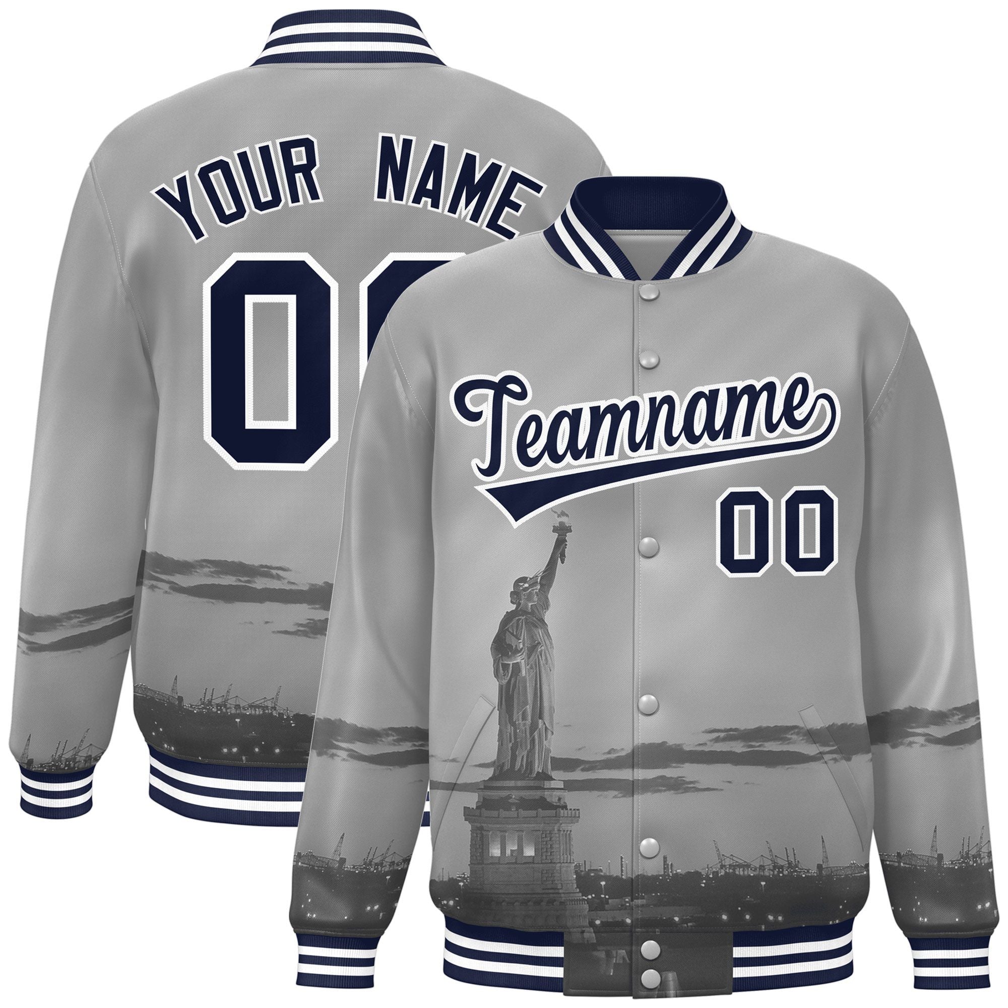 Custom Gray Navy-White New York City Connect Track Varsity Full-Snap Jacket