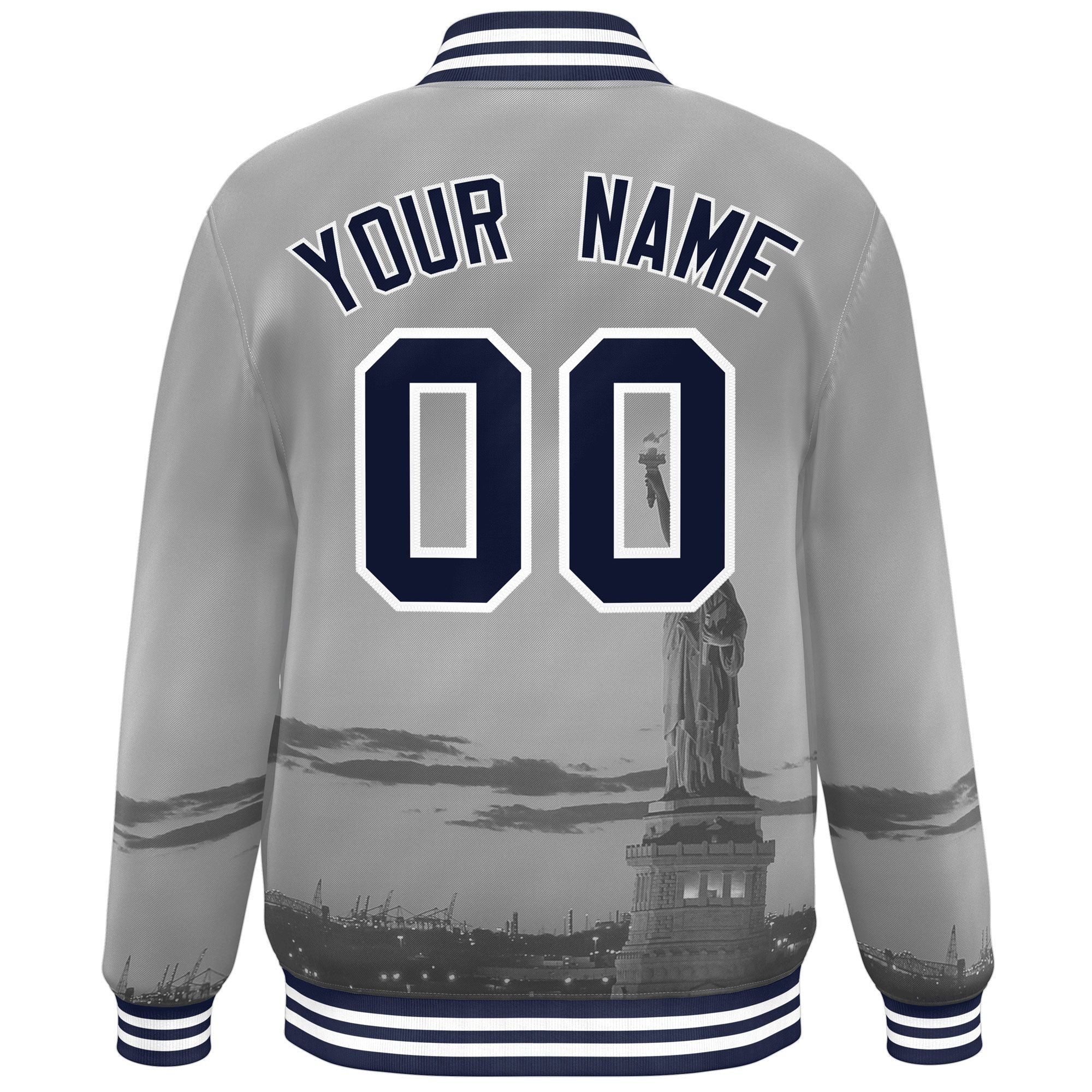 Custom Gray Navy-White New York City Connect Track Varsity Full-Snap Jacket