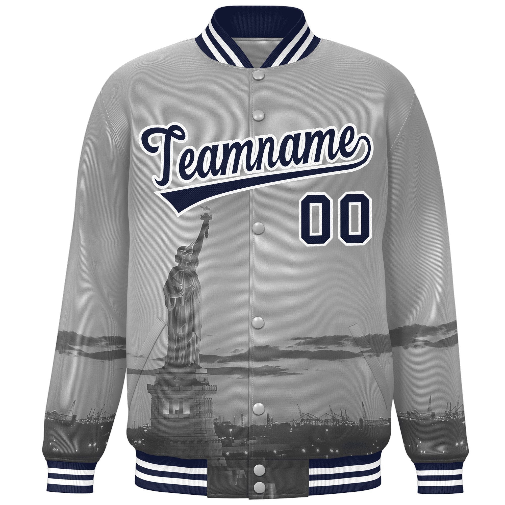 Custom Gray Navy-White New York City Connect Track Varsity Full-Snap Jacket