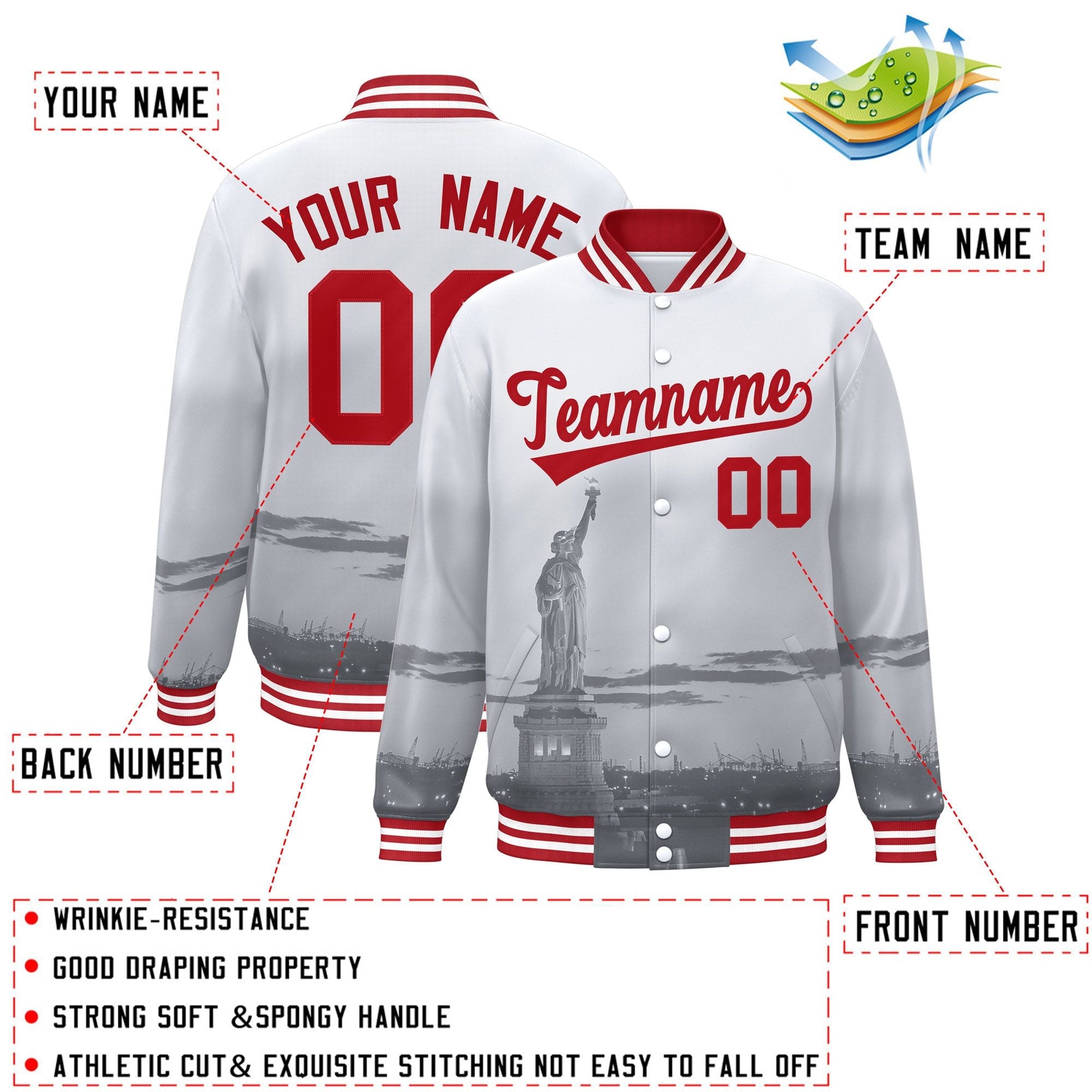 Custom White Red New York City Connect Track Varsity Full-Snap Jacket