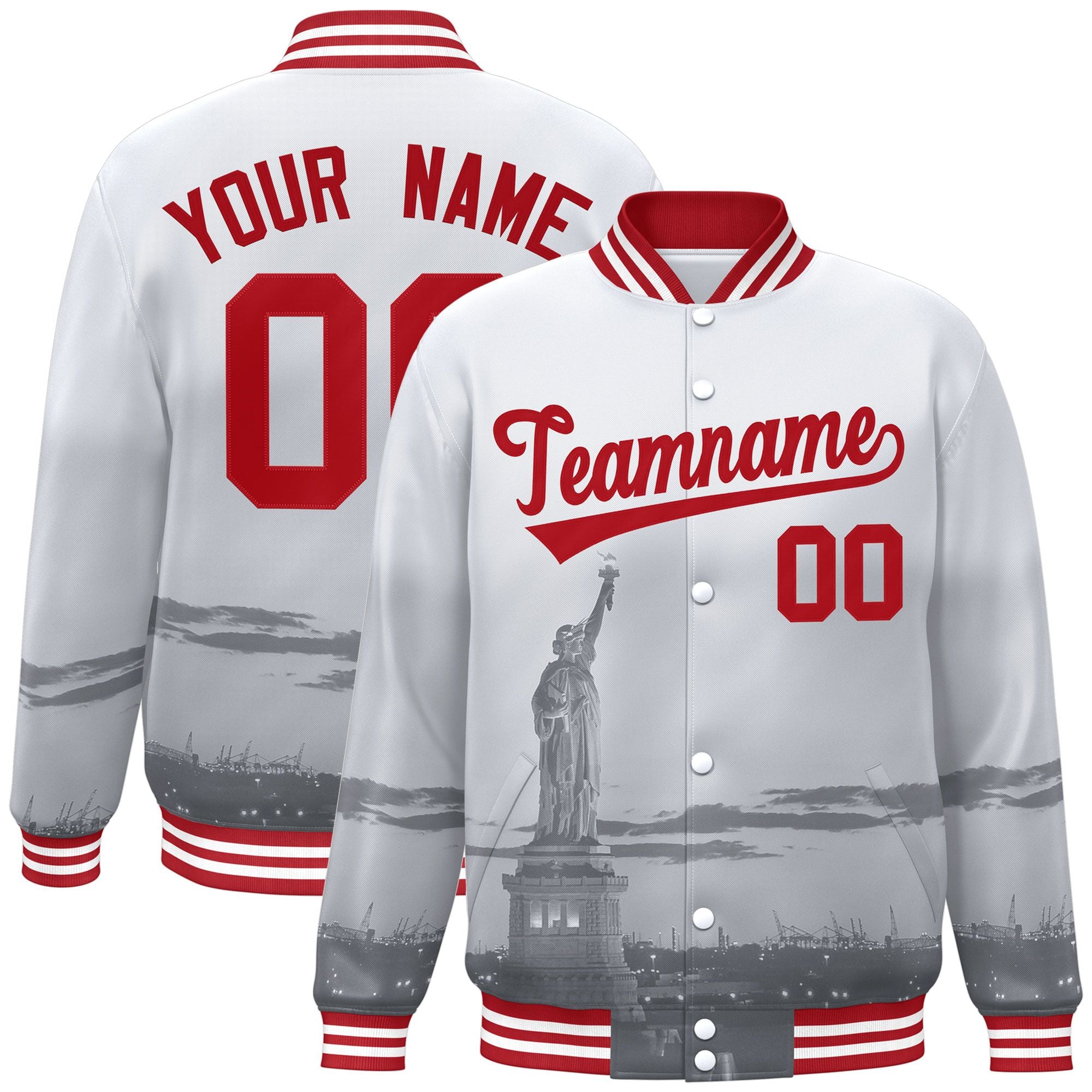 Custom White Red New York City Connect Track Varsity Full-Snap Jacket