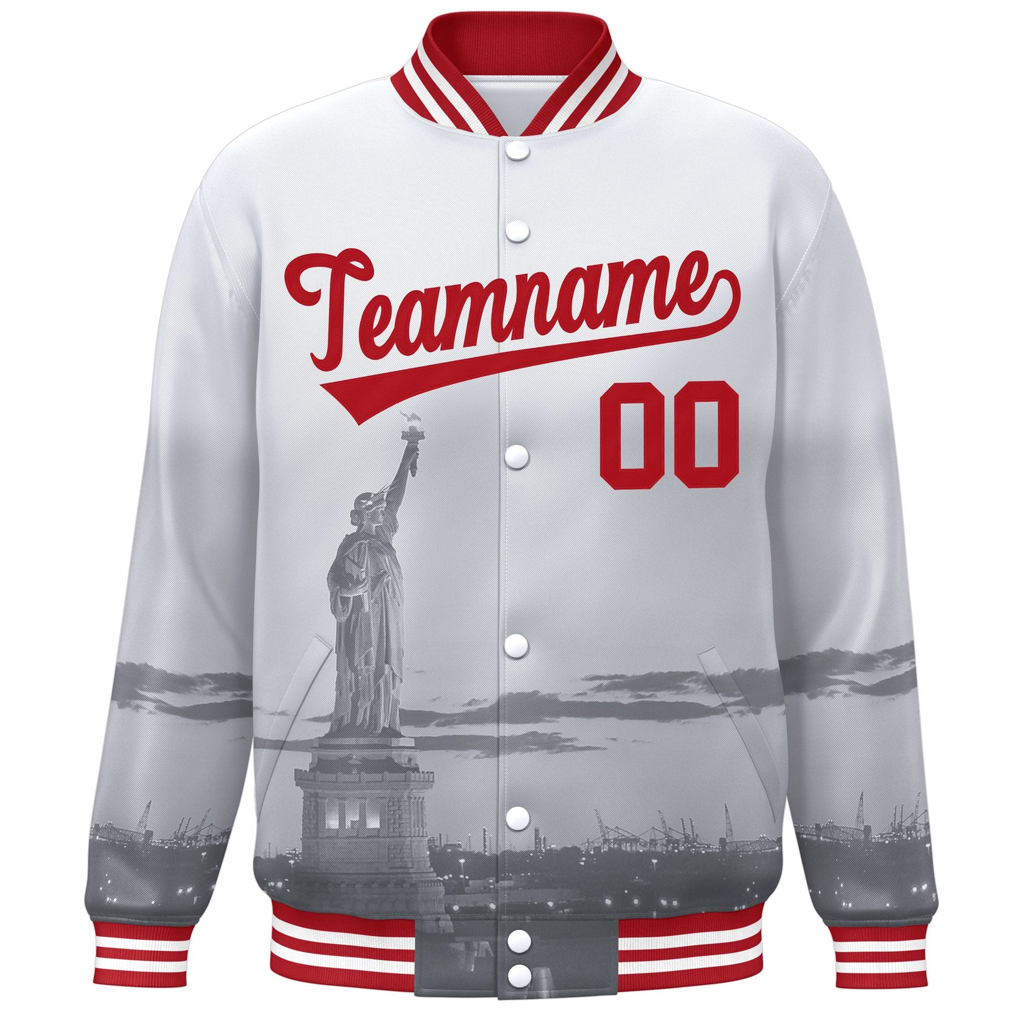 Custom White Red New York City Connect Track Varsity Full-Snap Jacket