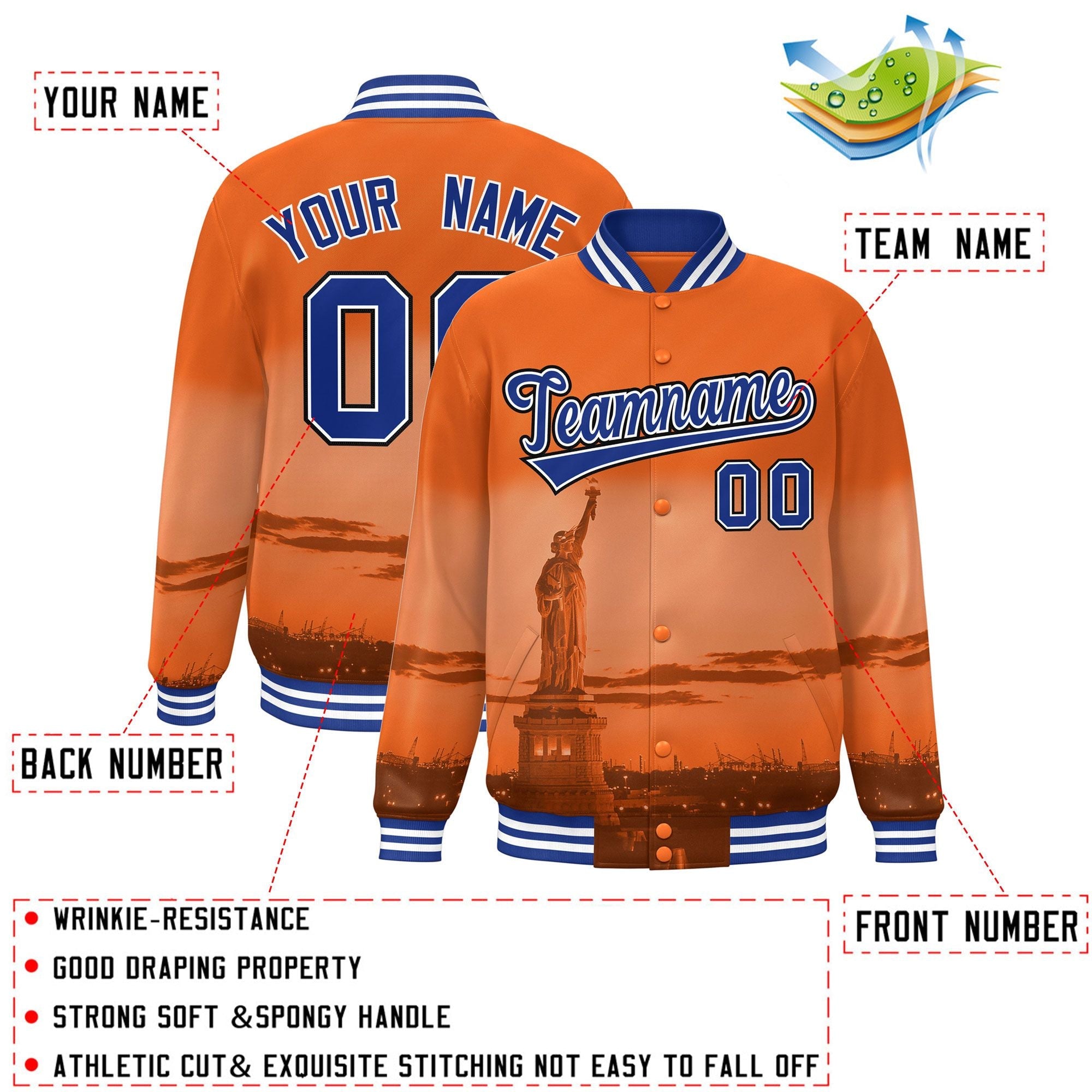 Custom Orange Royal-Black New York City Connect Track Varsity Full-Snap Jacket