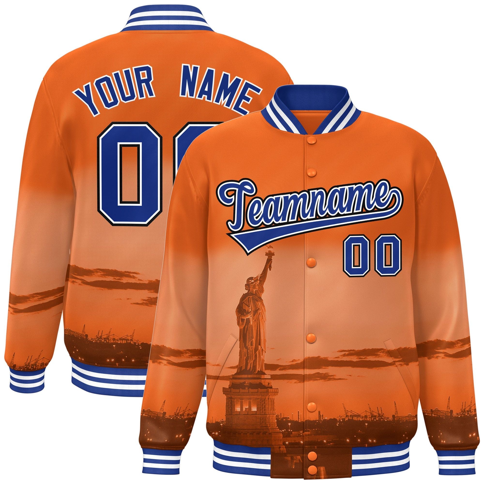 Custom Orange Royal-Black New York City Connect Track Varsity Full-Snap Jacket