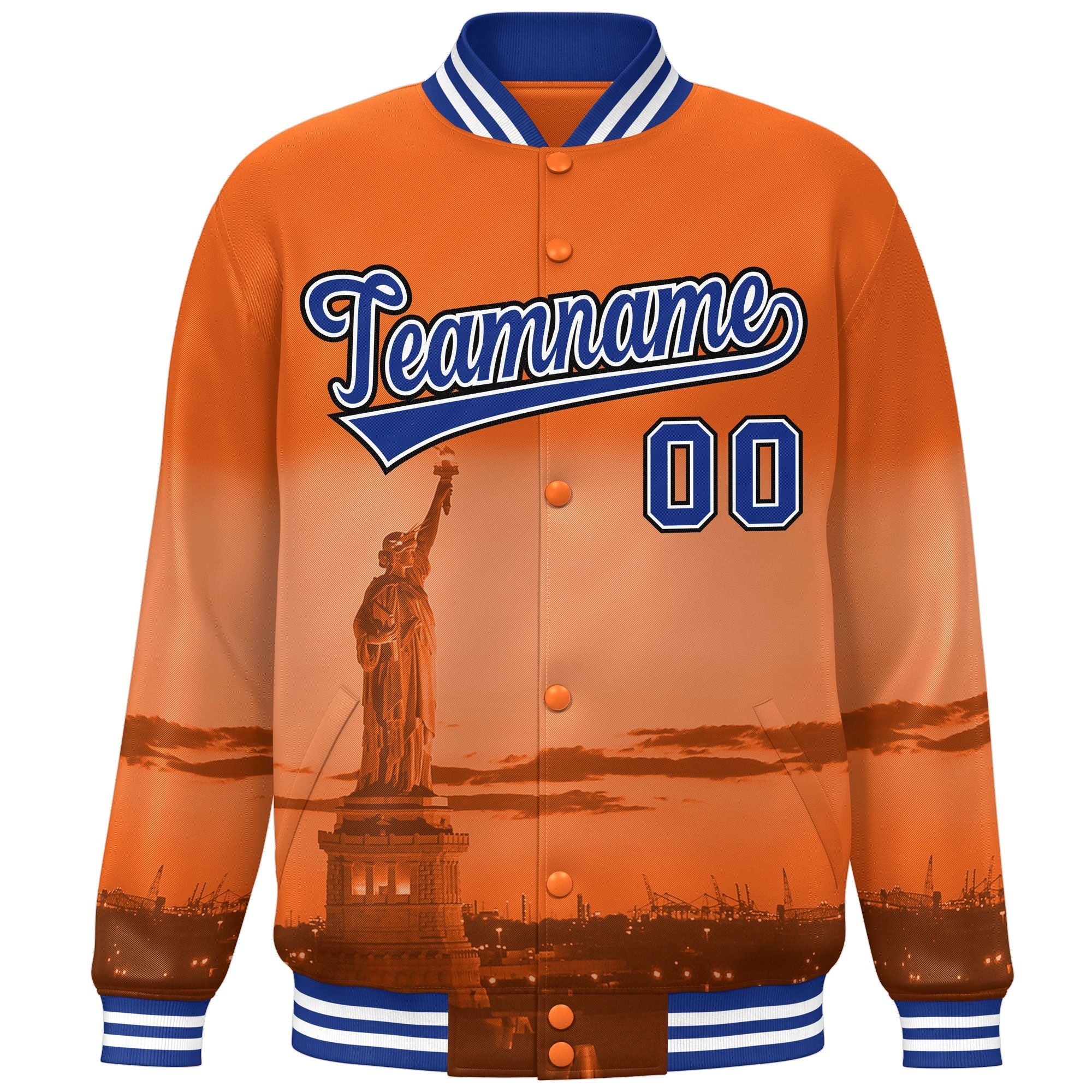 Custom Orange Royal-Black New York City Connect Track Varsity Full-Snap Jacket