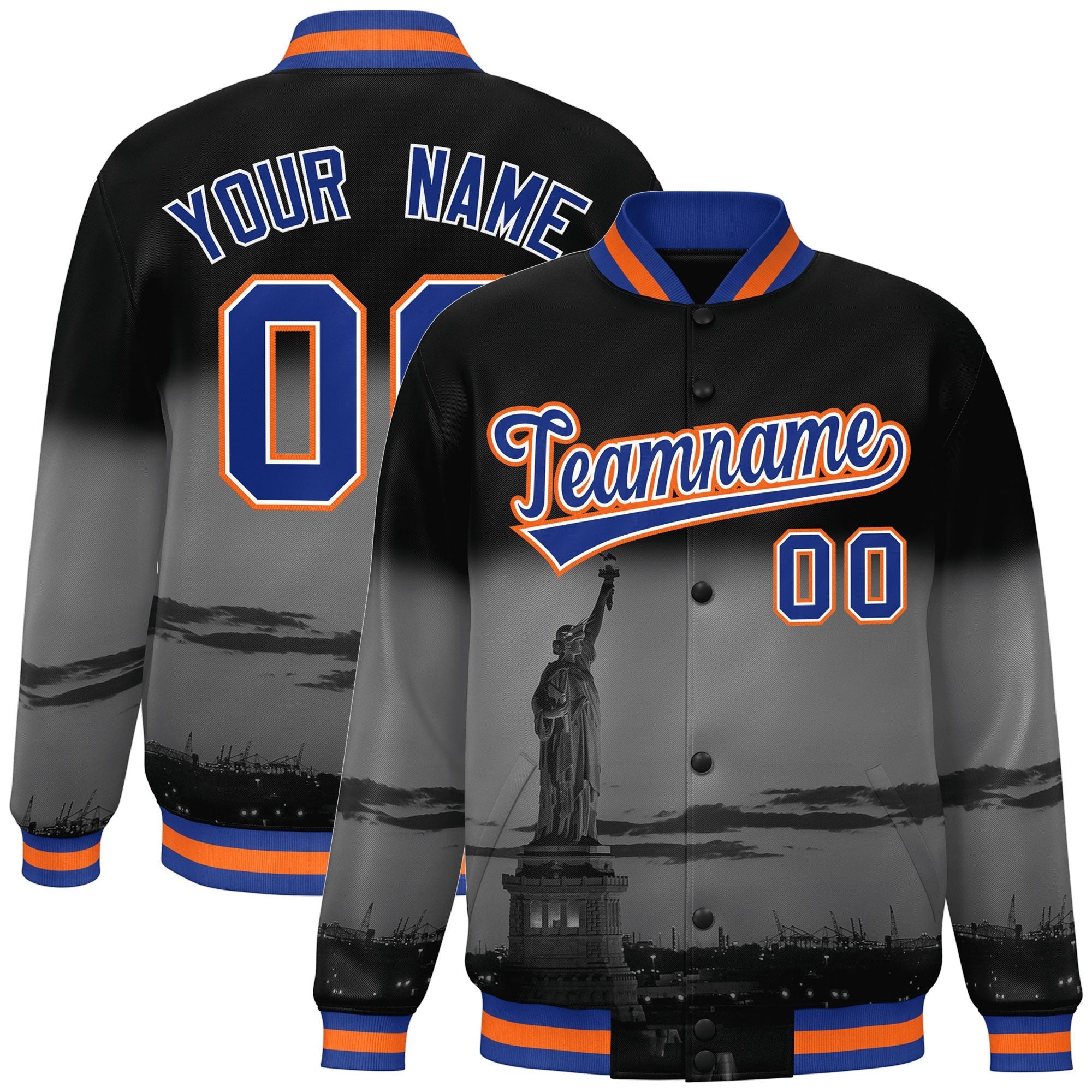 Custom Black Royal-Orange New York City Connect Track Varsity Full-Snap Jacket