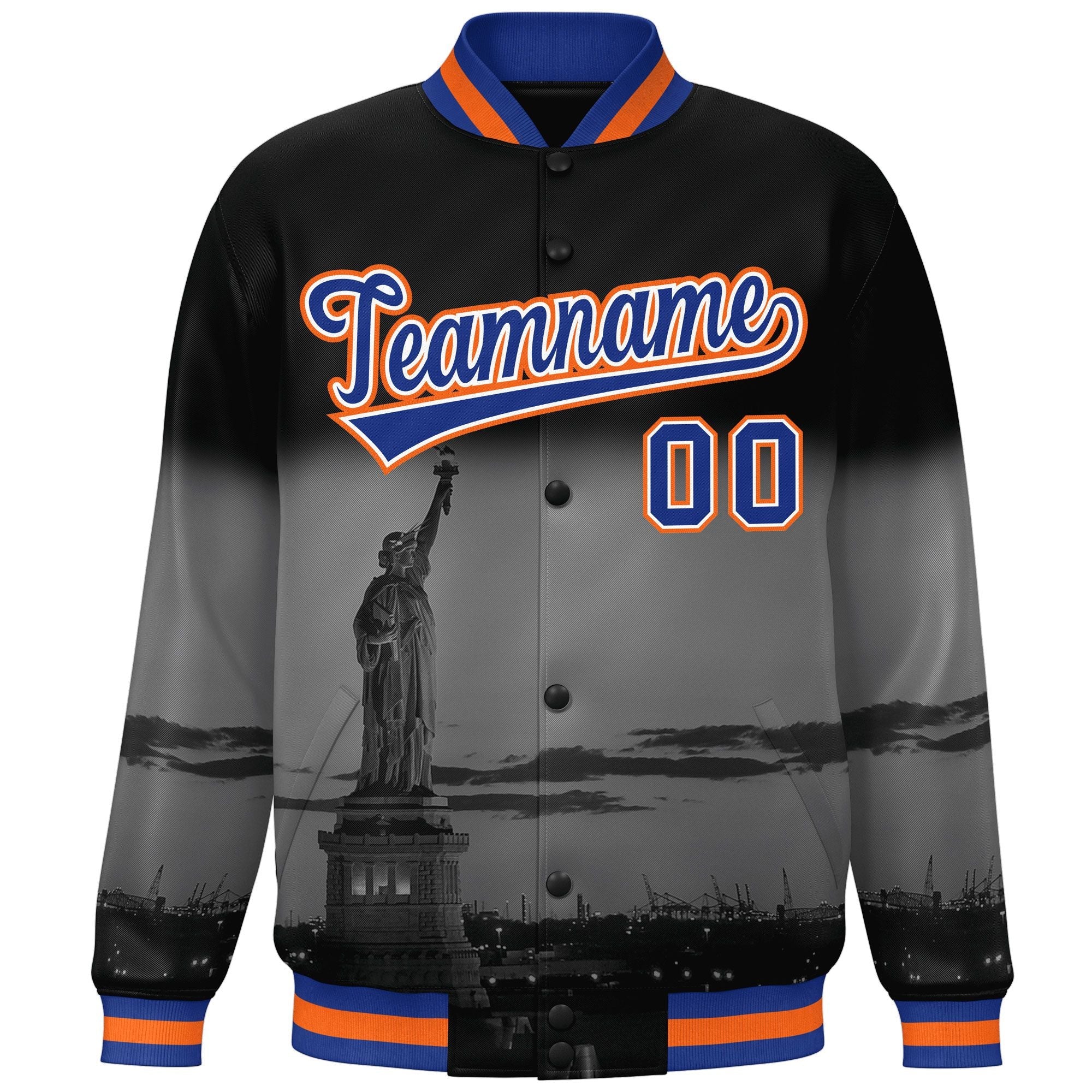 Custom Black Royal-Orange New York City Connect Track Varsity Full-Snap Jacket