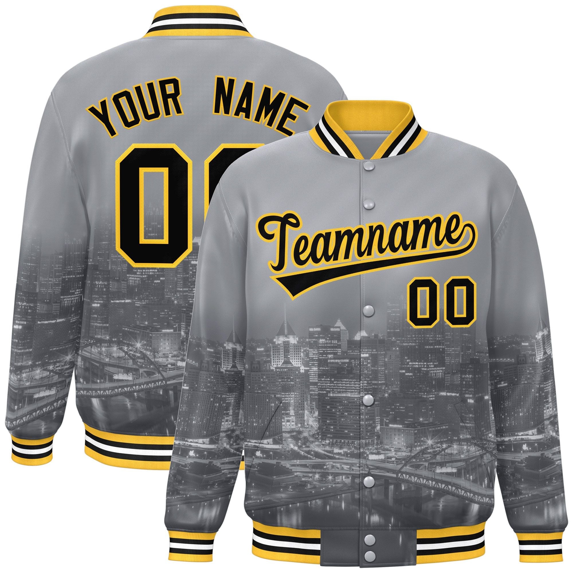 Custom Gray Black-Gold Pittsburgh City Connect Track Varsity Full-Snap Jacket