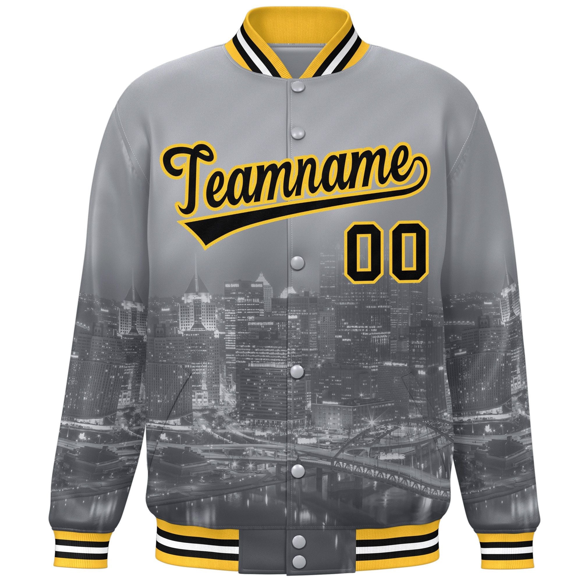 Custom Gray Black-Gold Pittsburgh City Connect Track Varsity Full-Snap Jacket