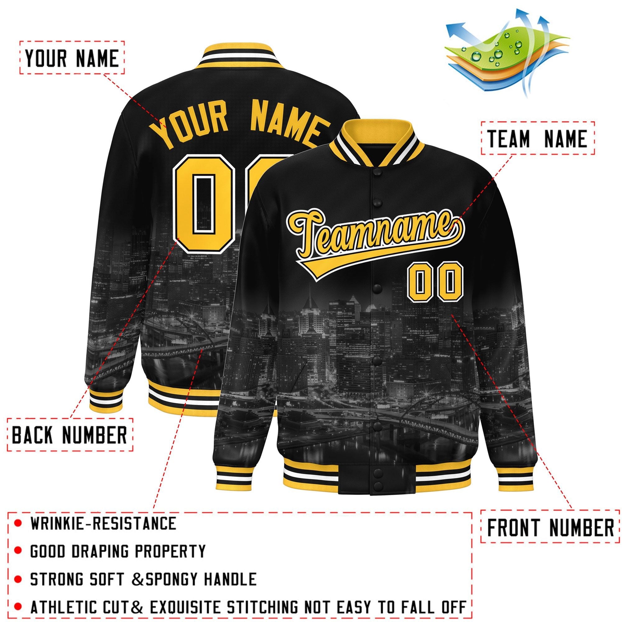 Custom Black Gold-White Pittsburgh City Connect Track Varsity Full-Snap Jacket