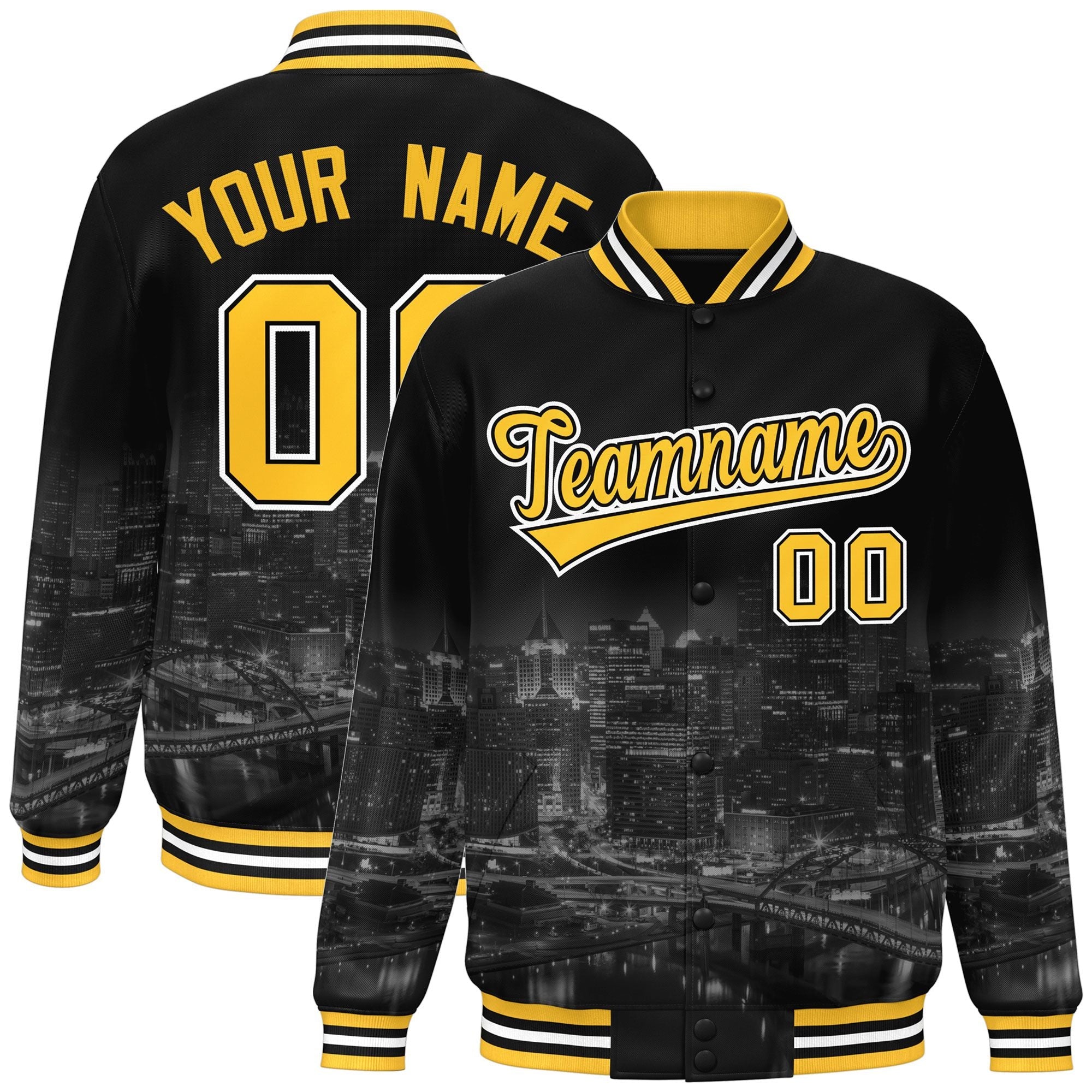 Custom Black Gold-White Pittsburgh City Connect Track Varsity Full-Snap Jacket