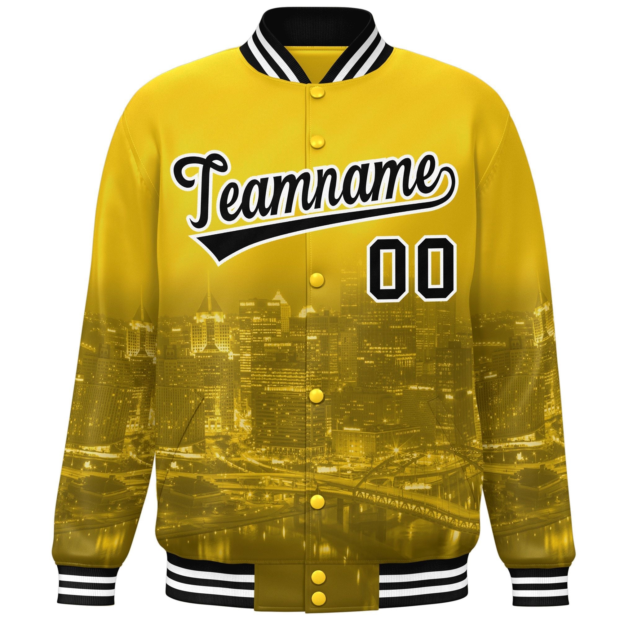 Custom Gold Black-White Pittsburgh City Connect Track Varsity Full-Snap Jacket