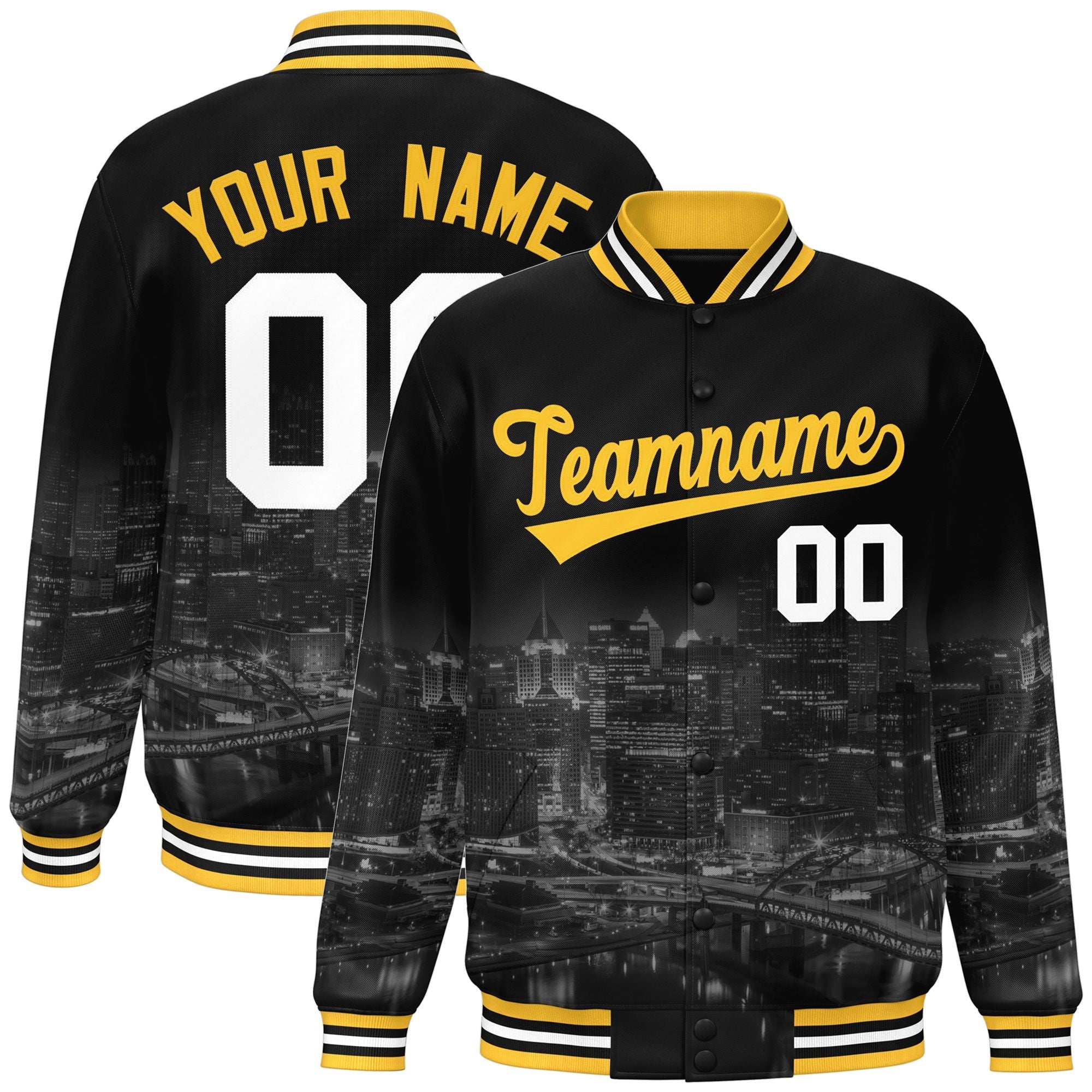 Custom Black Gold Pittsburgh City Connect Track Varsity Full-Snap Jacket