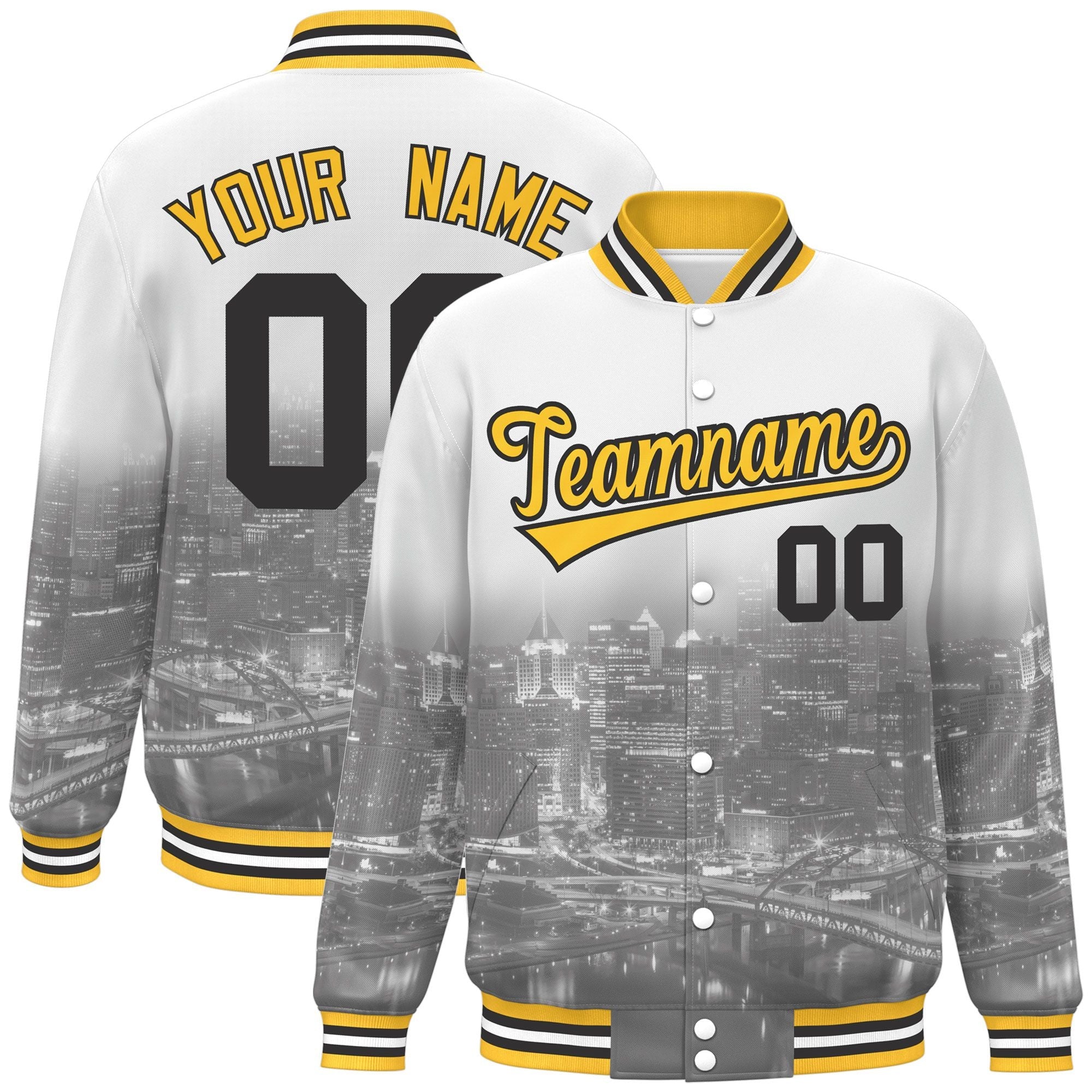 Custom White Gold-Black Pittsburgh City Connect Track Varsity Full-Snap Jacket