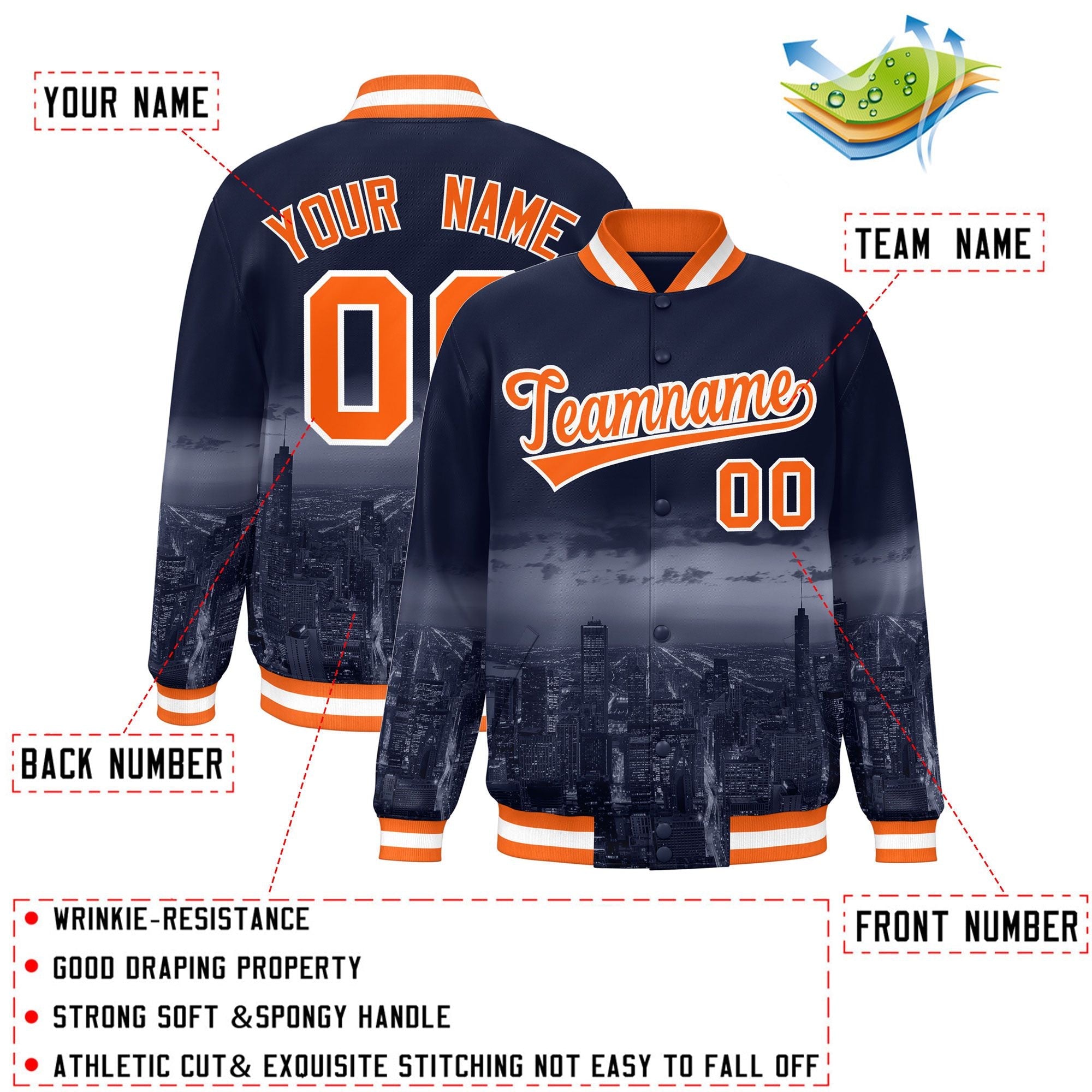 Custom Navy Orange-White Chicago City Connect Track Varsity Full-Snap Jacket