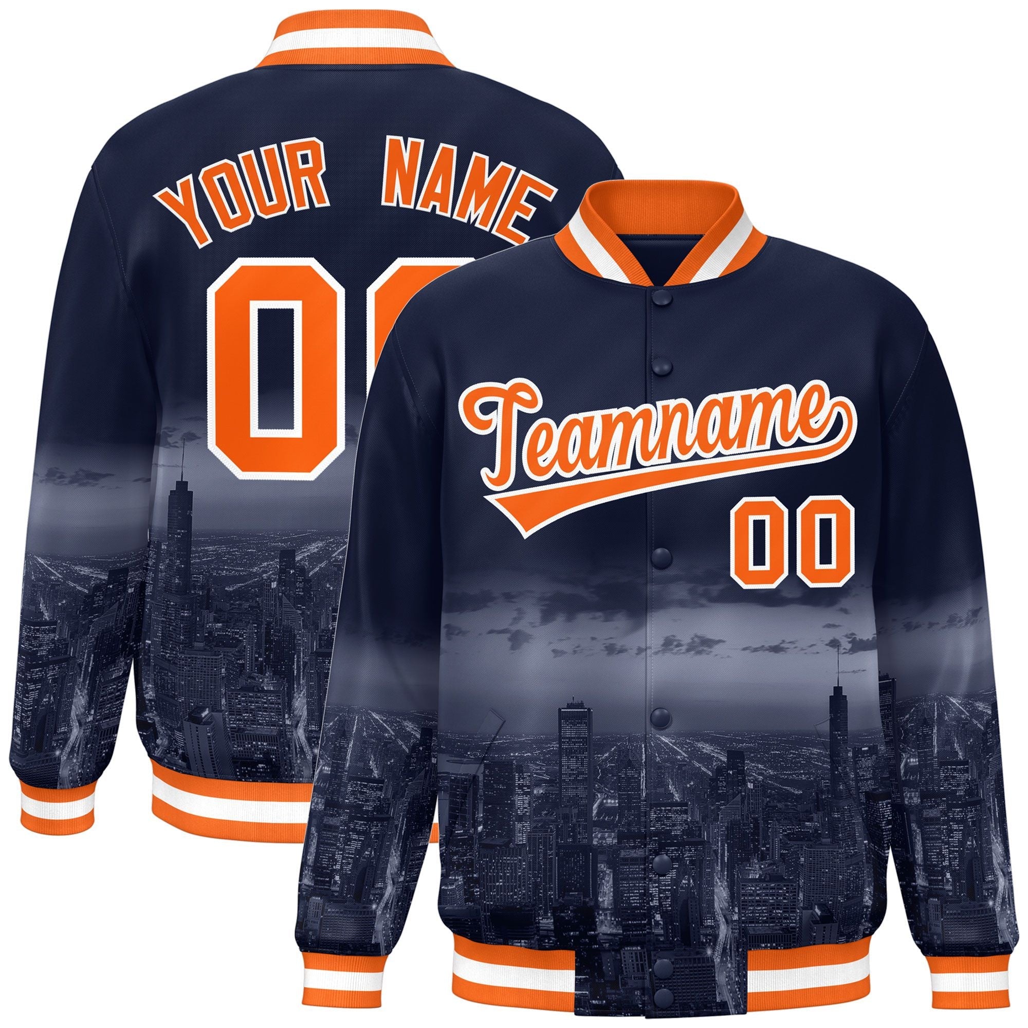 Custom Navy Orange-White Chicago City Connect Track Varsity Full-Snap Jacket