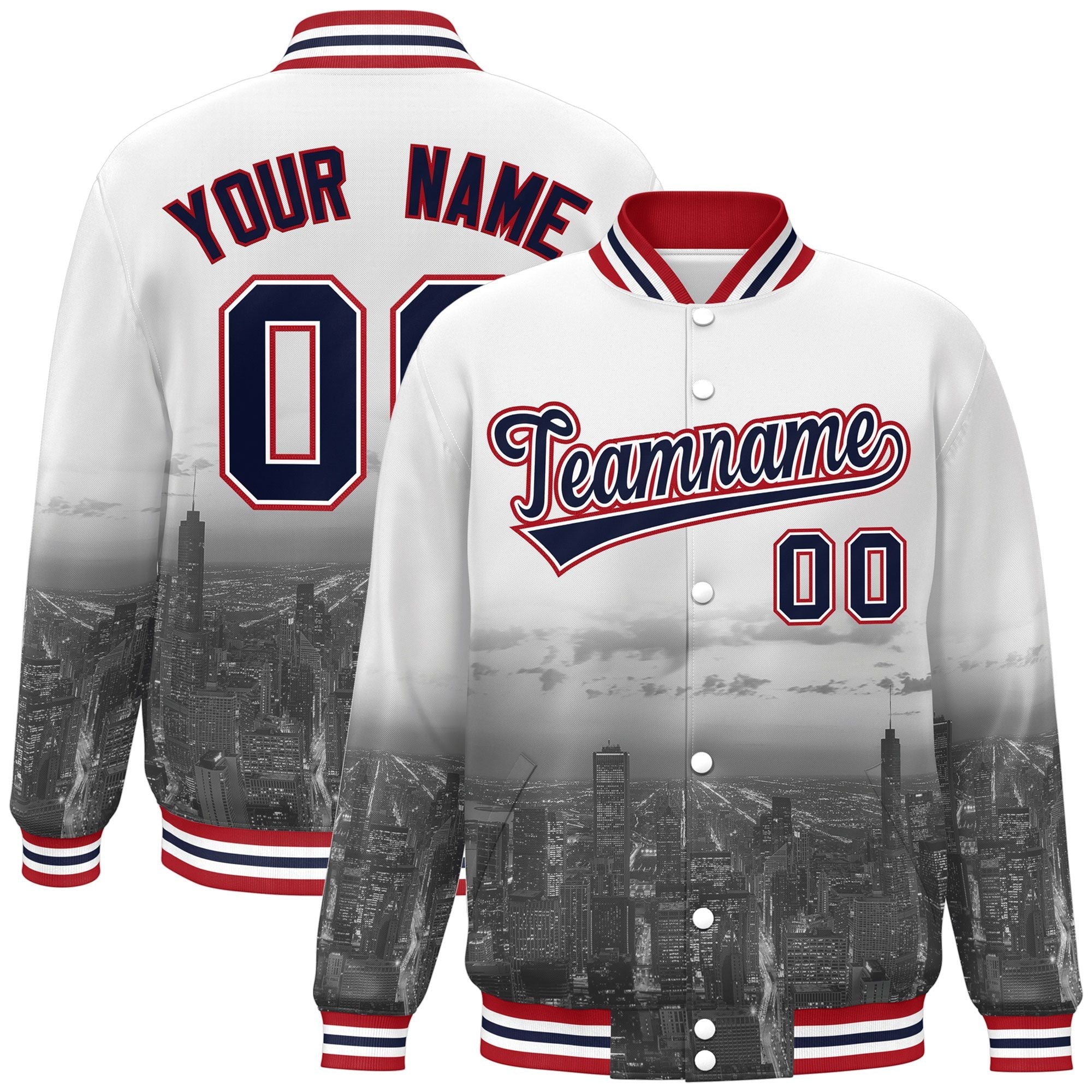 Custom White Navy-Red Chicago City Connect Track Varsity Full-Snap Jacket