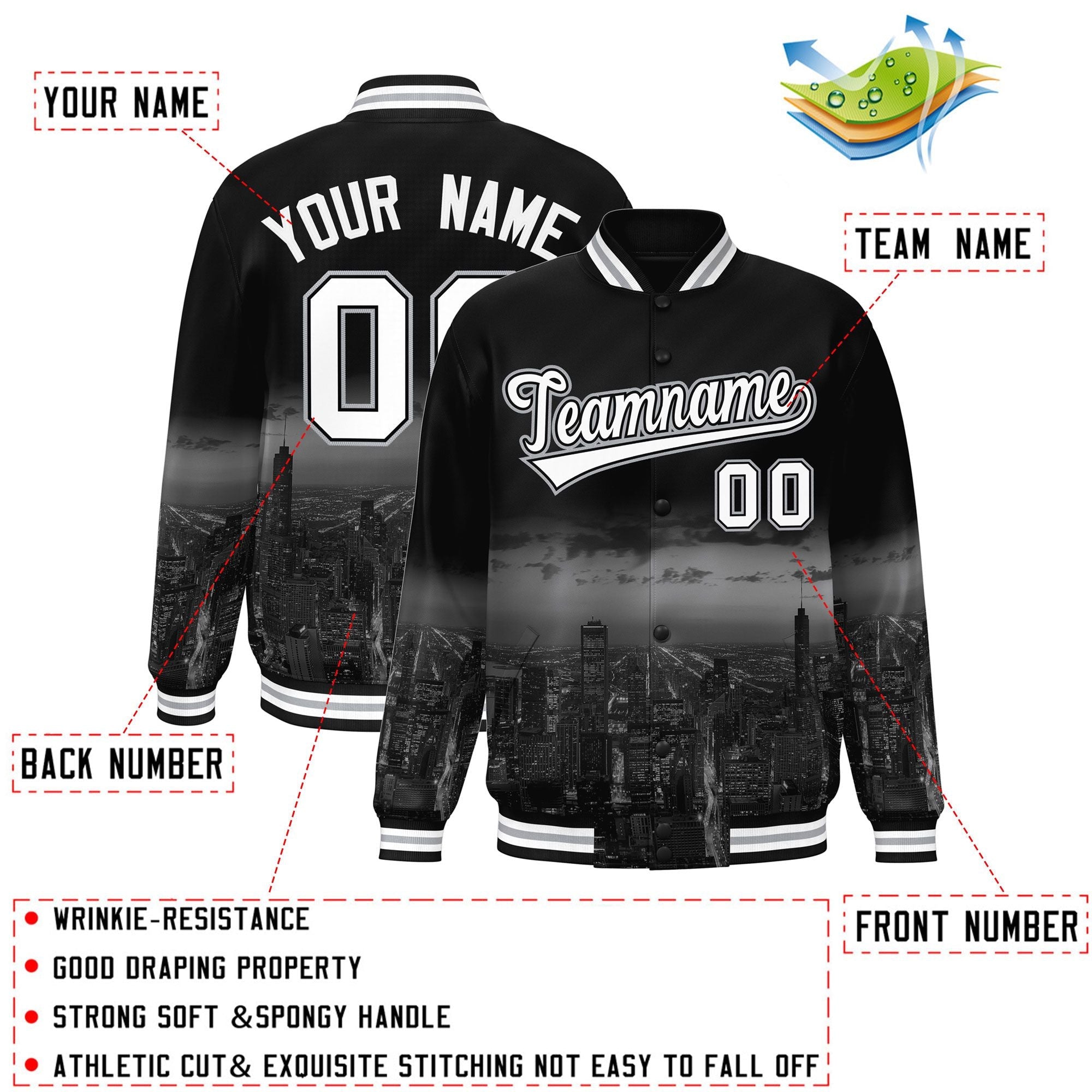 Custom Black White Chicago City Connect Track Varsity Full-Snap Jacket