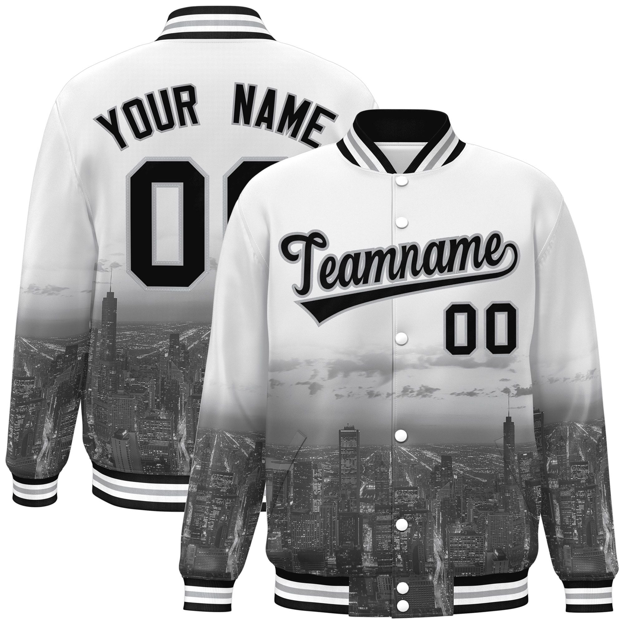 Custom White Black-Gray Chicago City Connect Track Varsity Full-Snap Jacket