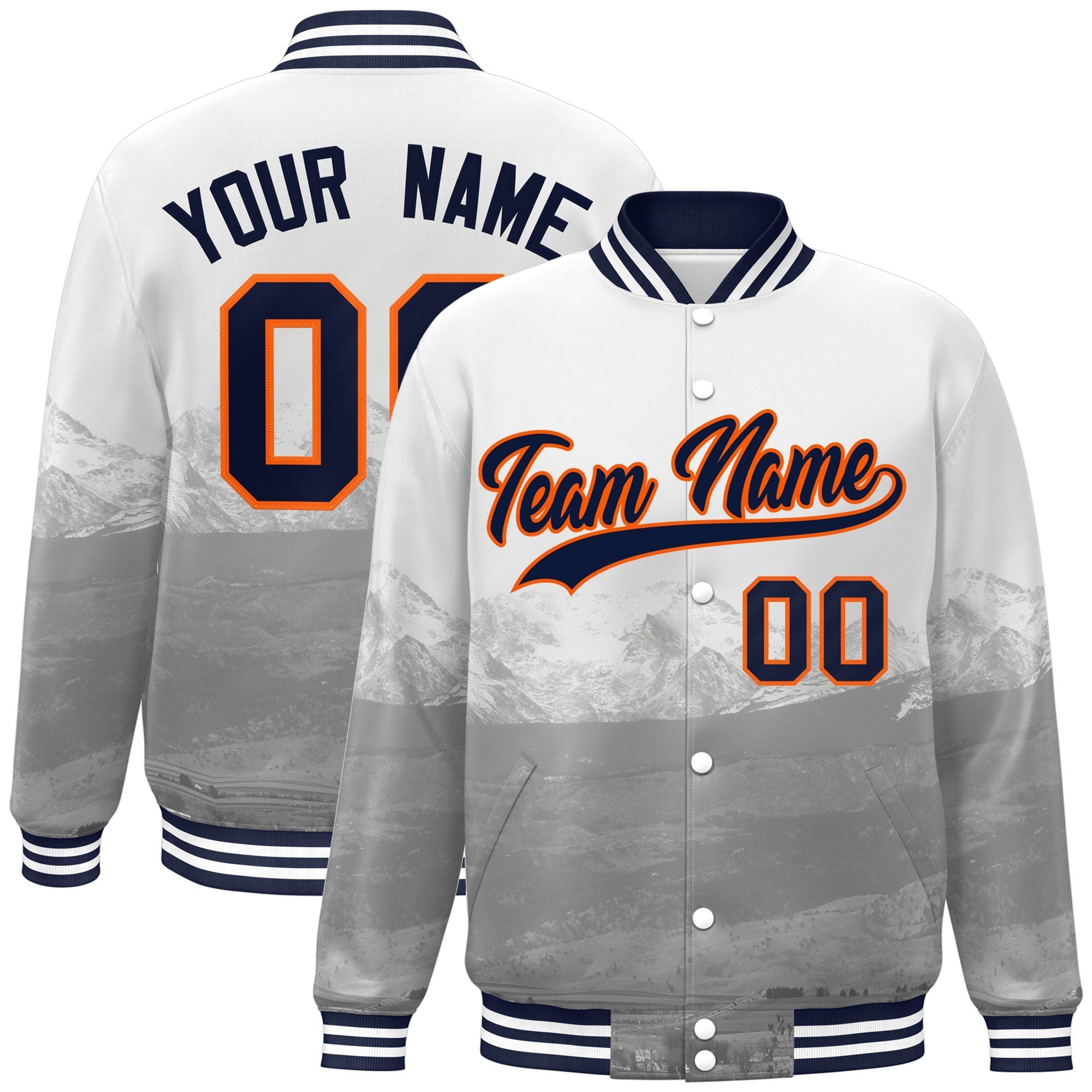 Custom White Navy-Orange Denver City Connect Track Varsity Full-Snap Jacket