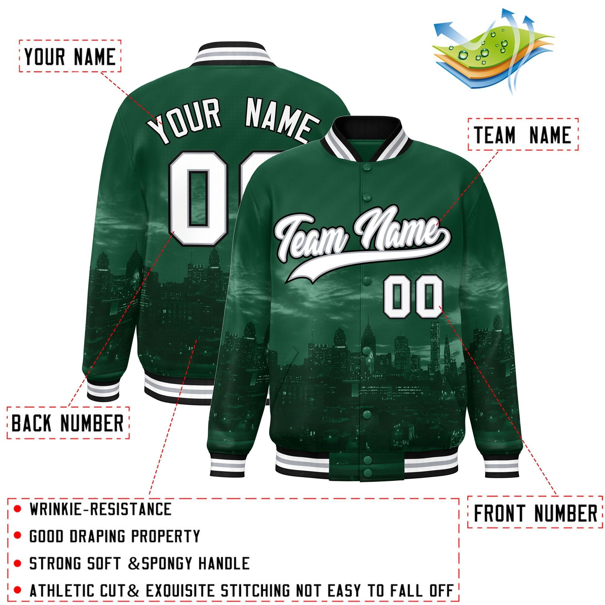 Custom Green White-Black Philadelphia City Connect Track Varsity Full-Snap Jacket