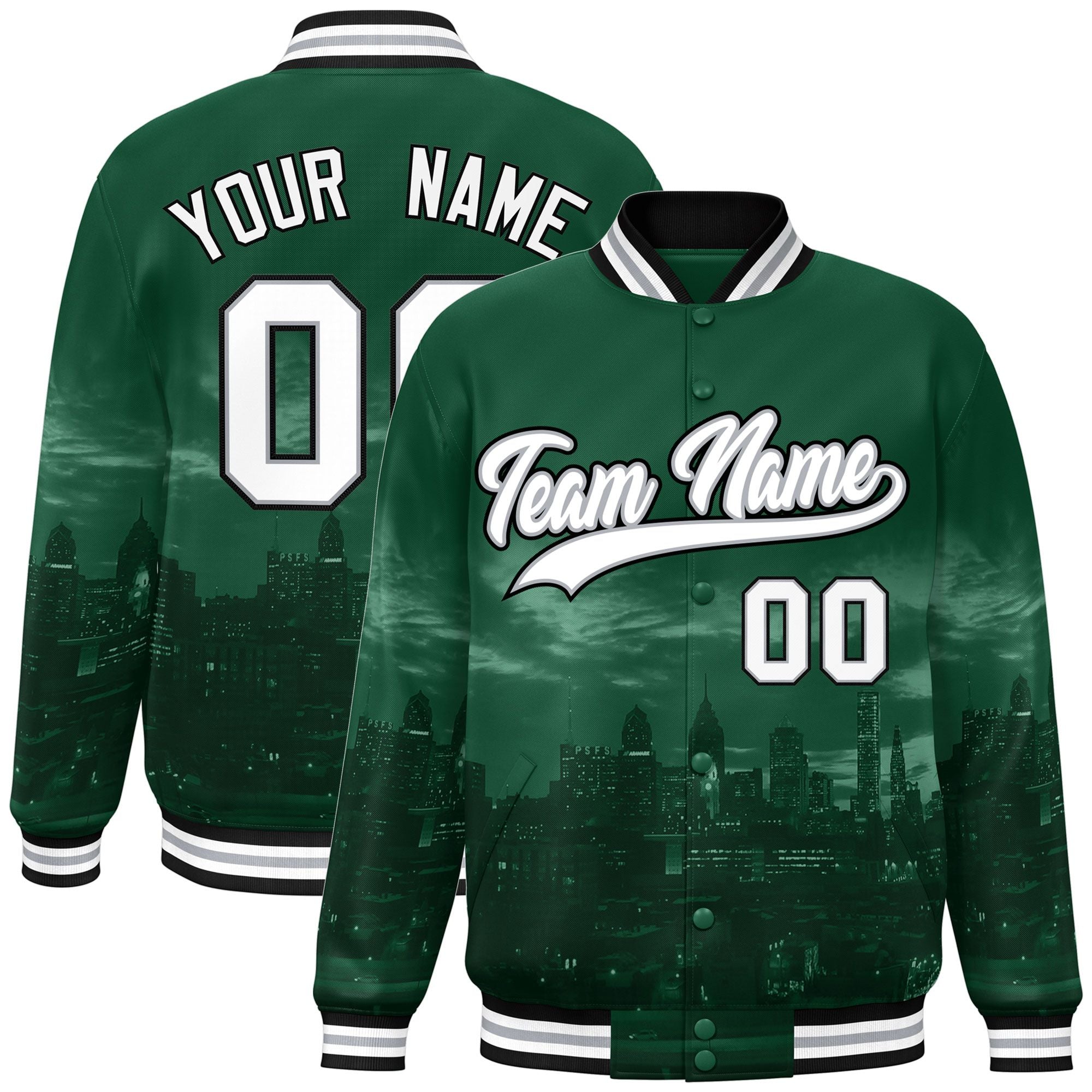 Custom Green White-Black Philadelphia City Connect Track Varsity Full-Snap Jacket