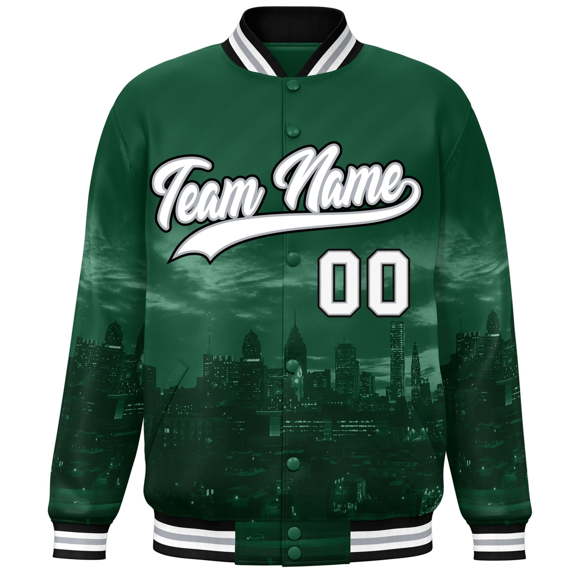 Custom Green White-Black Philadelphia City Connect Track Varsity Full-Snap Jacket