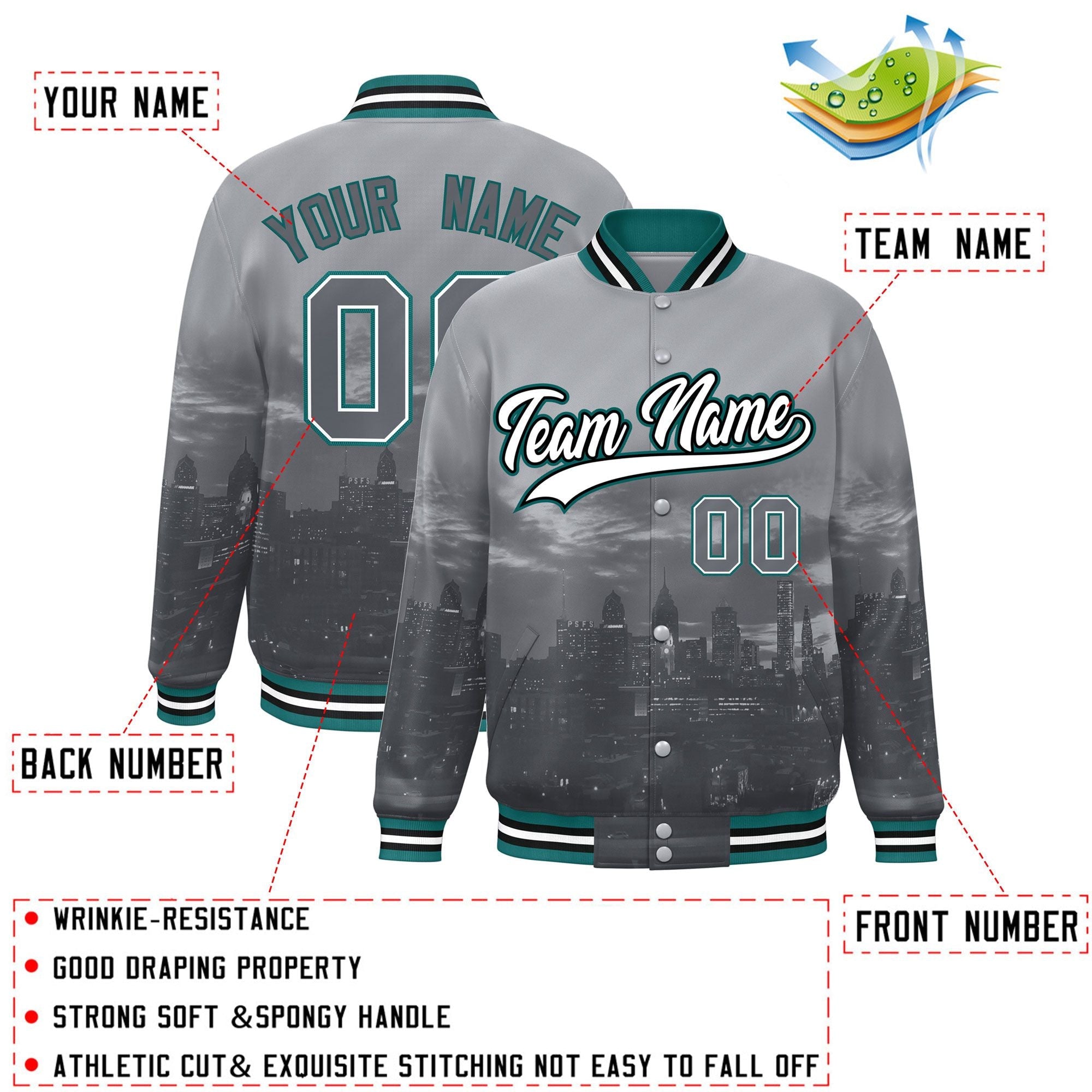 Custom Gray White-Aqua Philadelphia City Connect Track Varsity Full-Snap Jacket