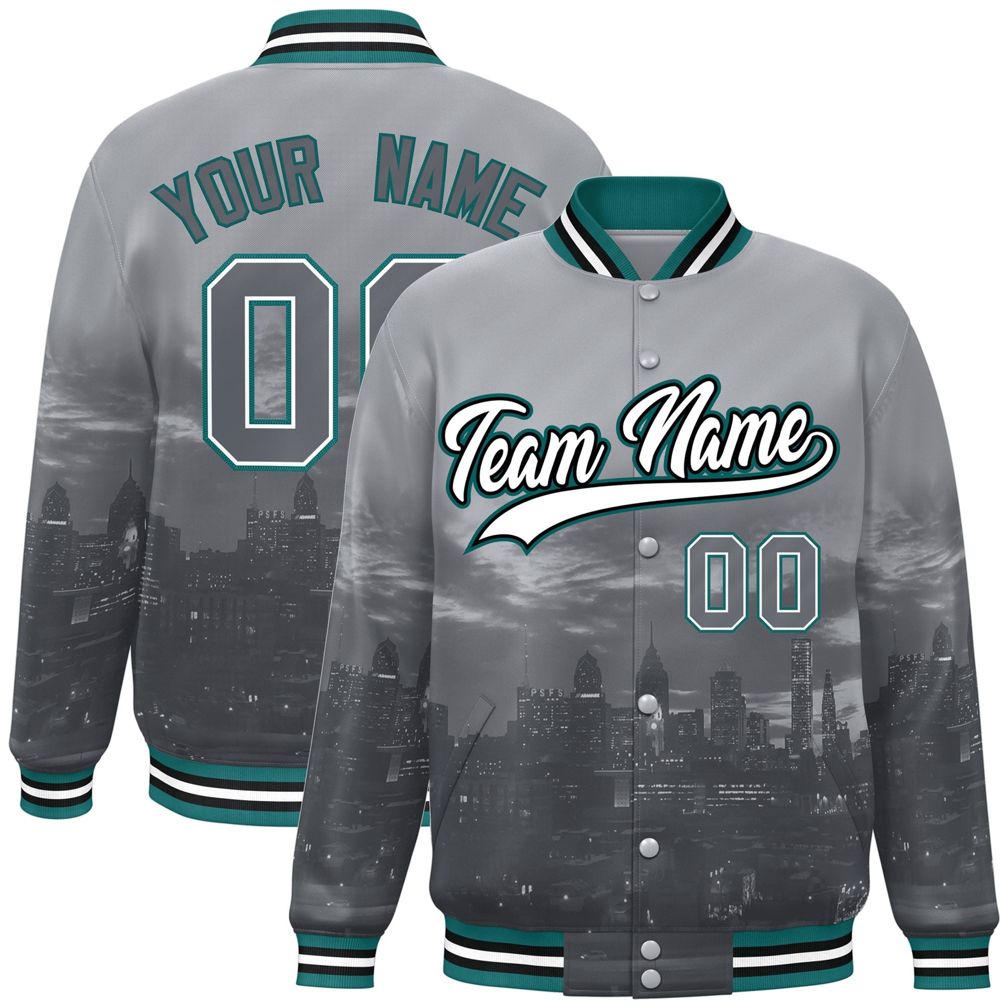 Custom Gray White-Aqua Philadelphia City Connect Track Varsity Full-Snap Jacket