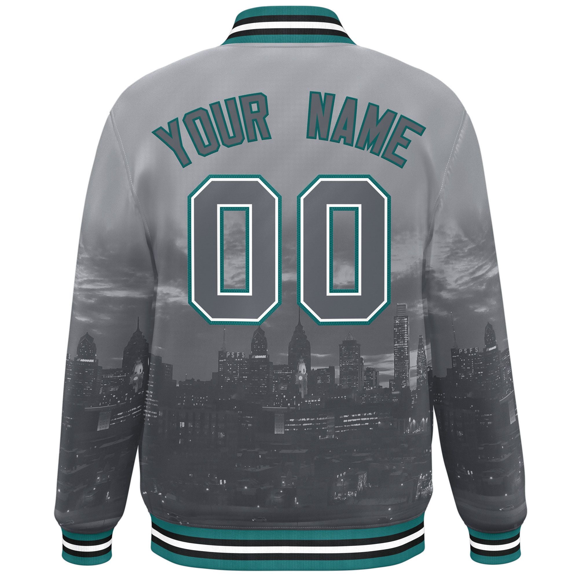 Custom Gray White-Aqua Philadelphia City Connect Track Varsity Full-Snap Jacket