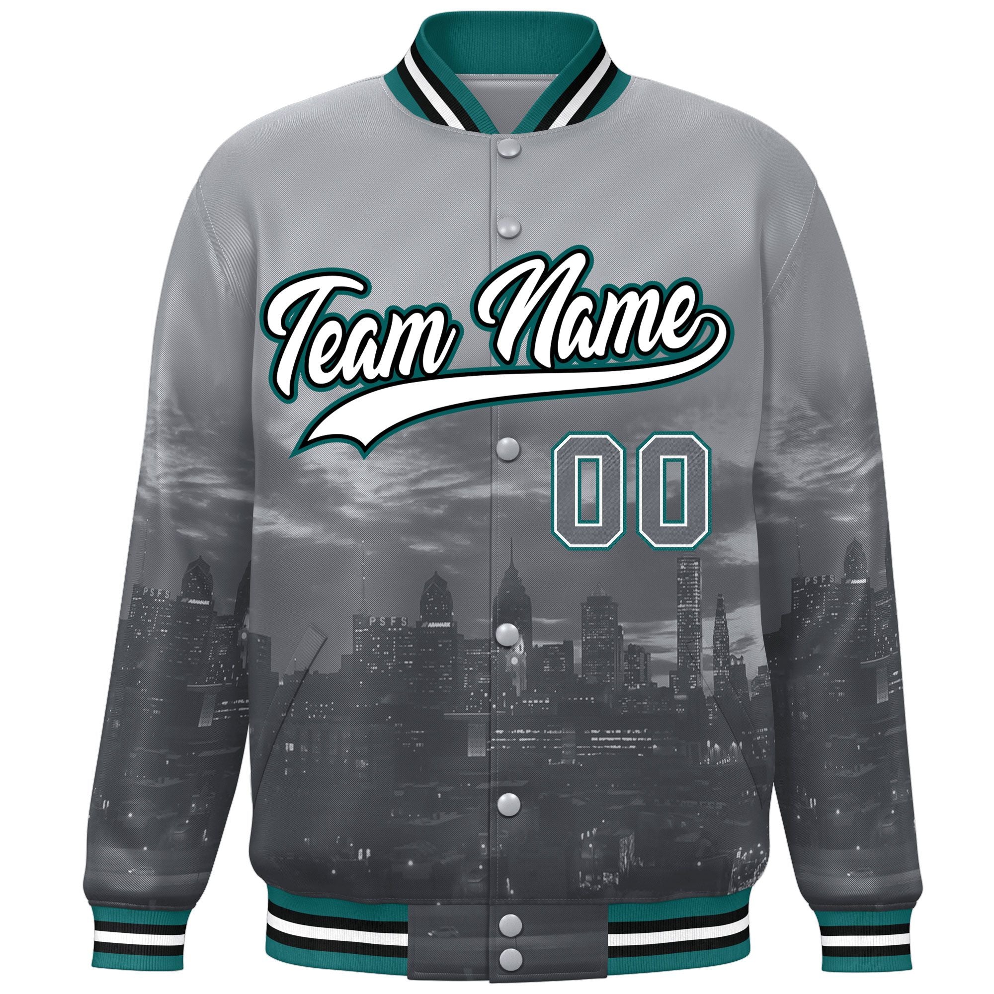 Custom Gray White-Aqua Philadelphia City Connect Track Varsity Full-Snap Jacket