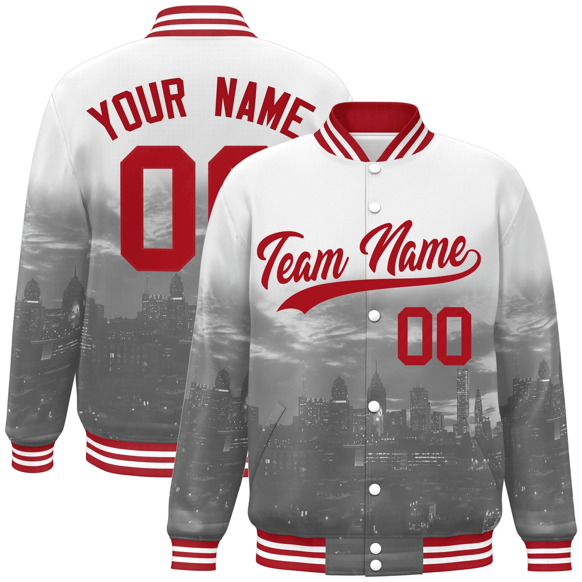 Custom White Red Philadelphia City Connect Track Varsity Full-Snap Jacket