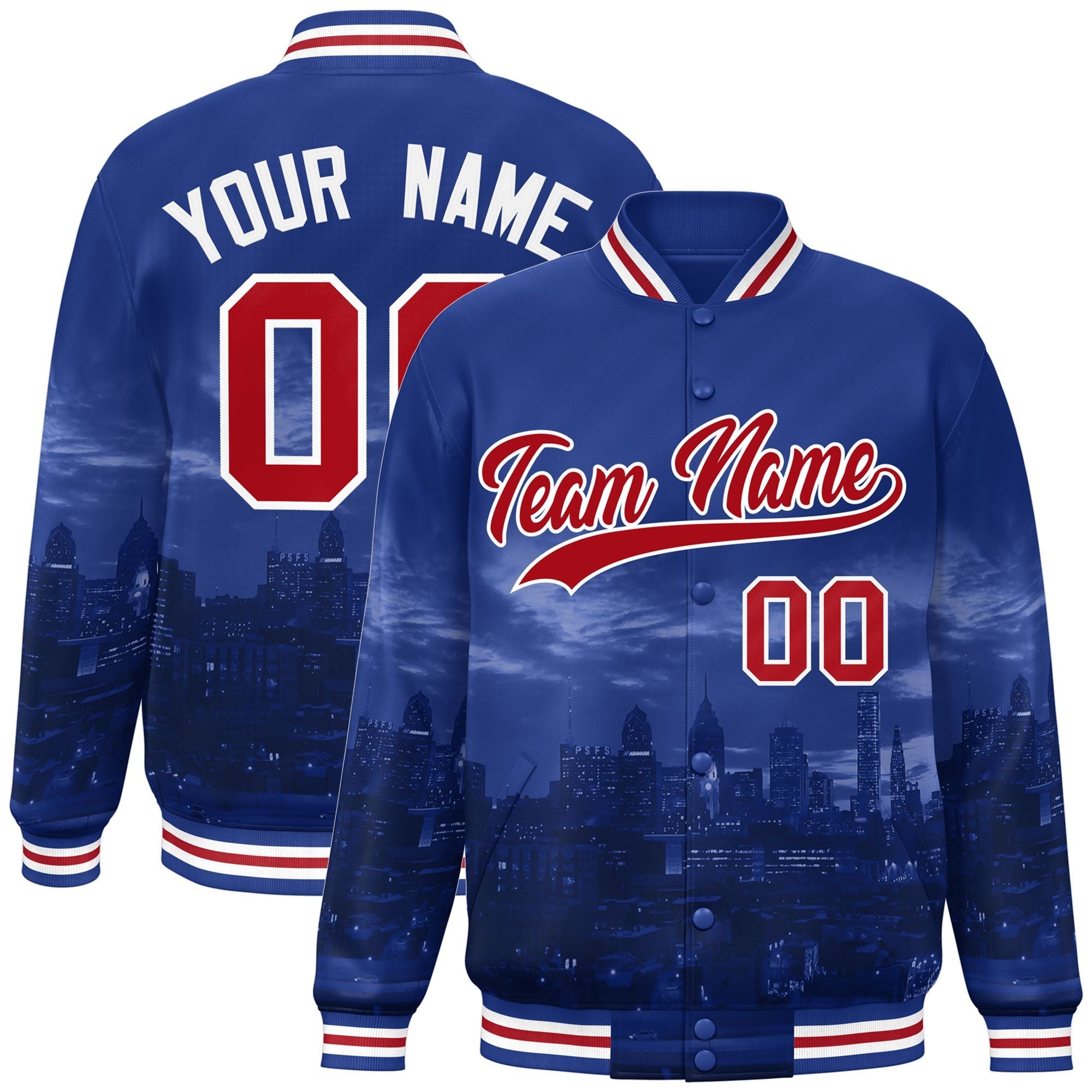 Custom Royal Red-White Philadelphia City Connect Track Varsity Full-Snap Jacket