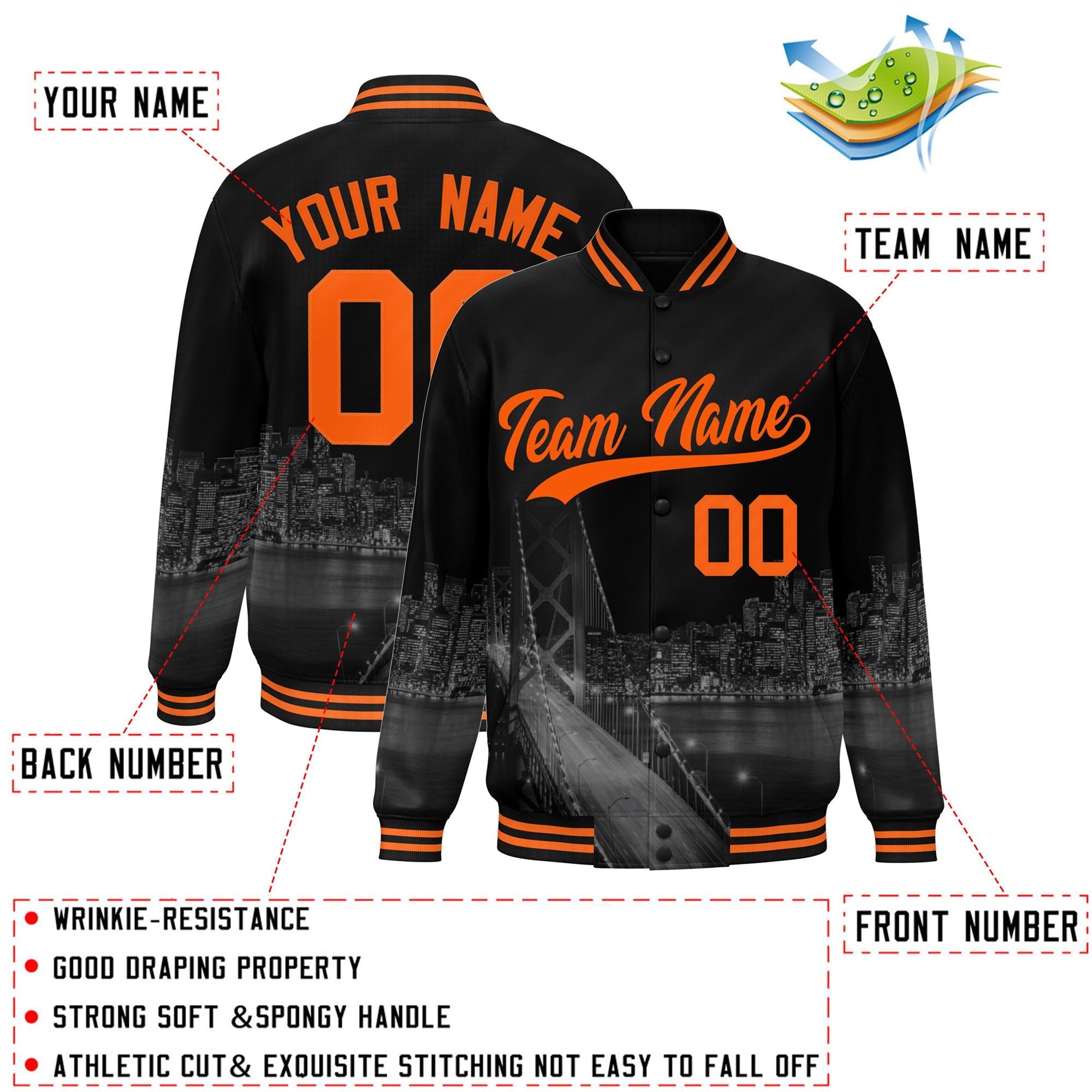 Custom Black Orange San Francisco City Connect Track Varsity Full-Snap Jacket